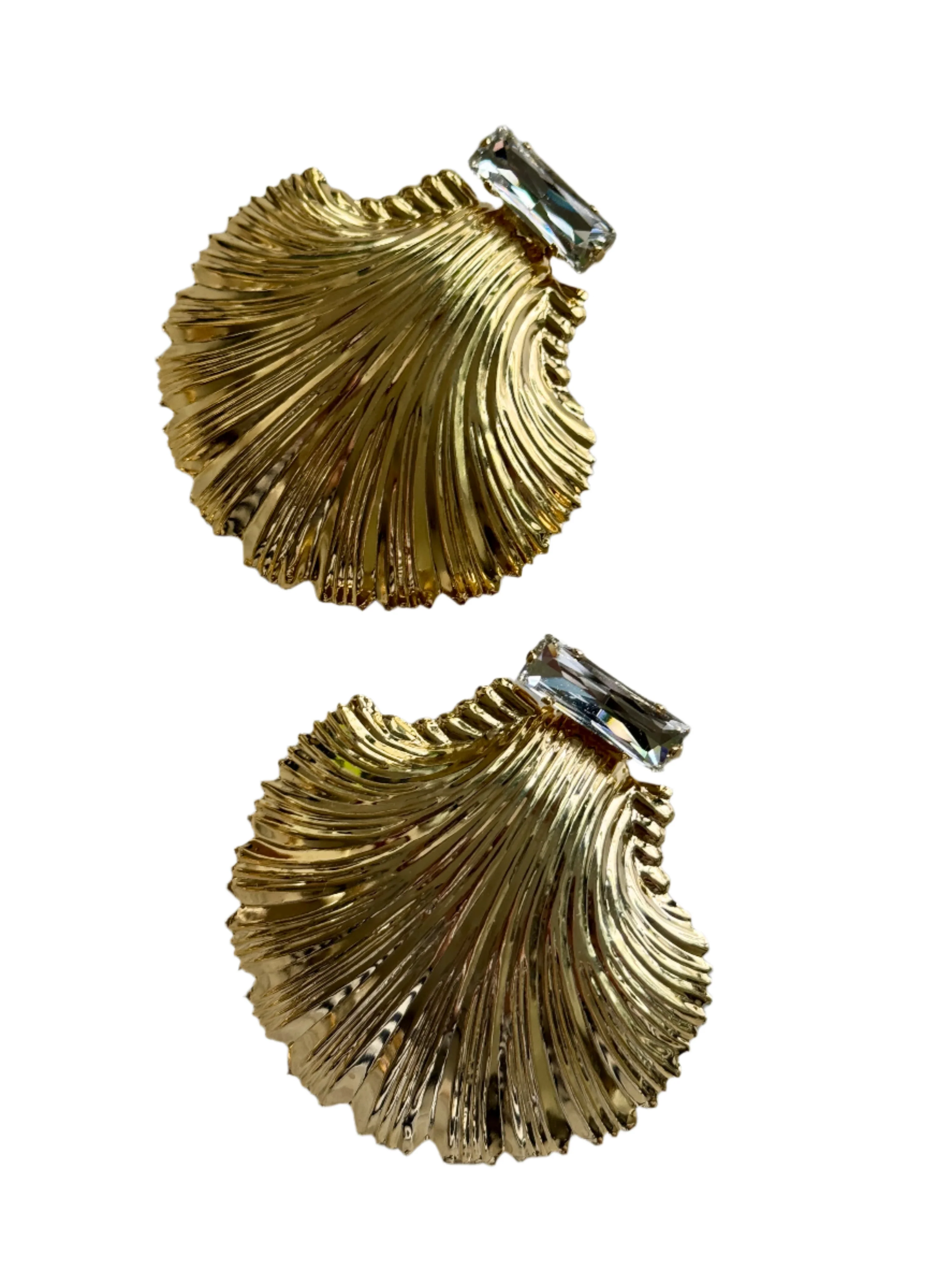 Large Diamond Clear Crystal Gold Shell Earrings - Image 3