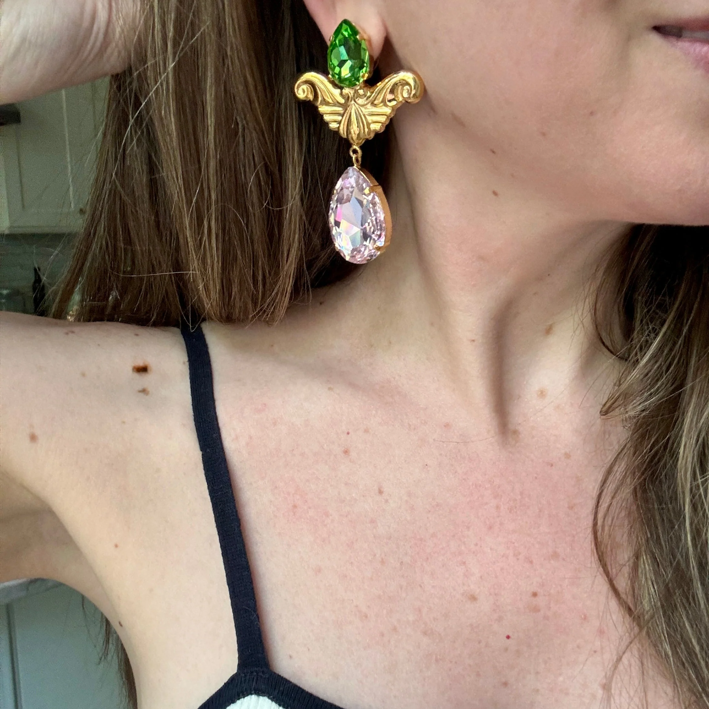 Juliette Pink & Spring Green Crystal Earrings - Image 2