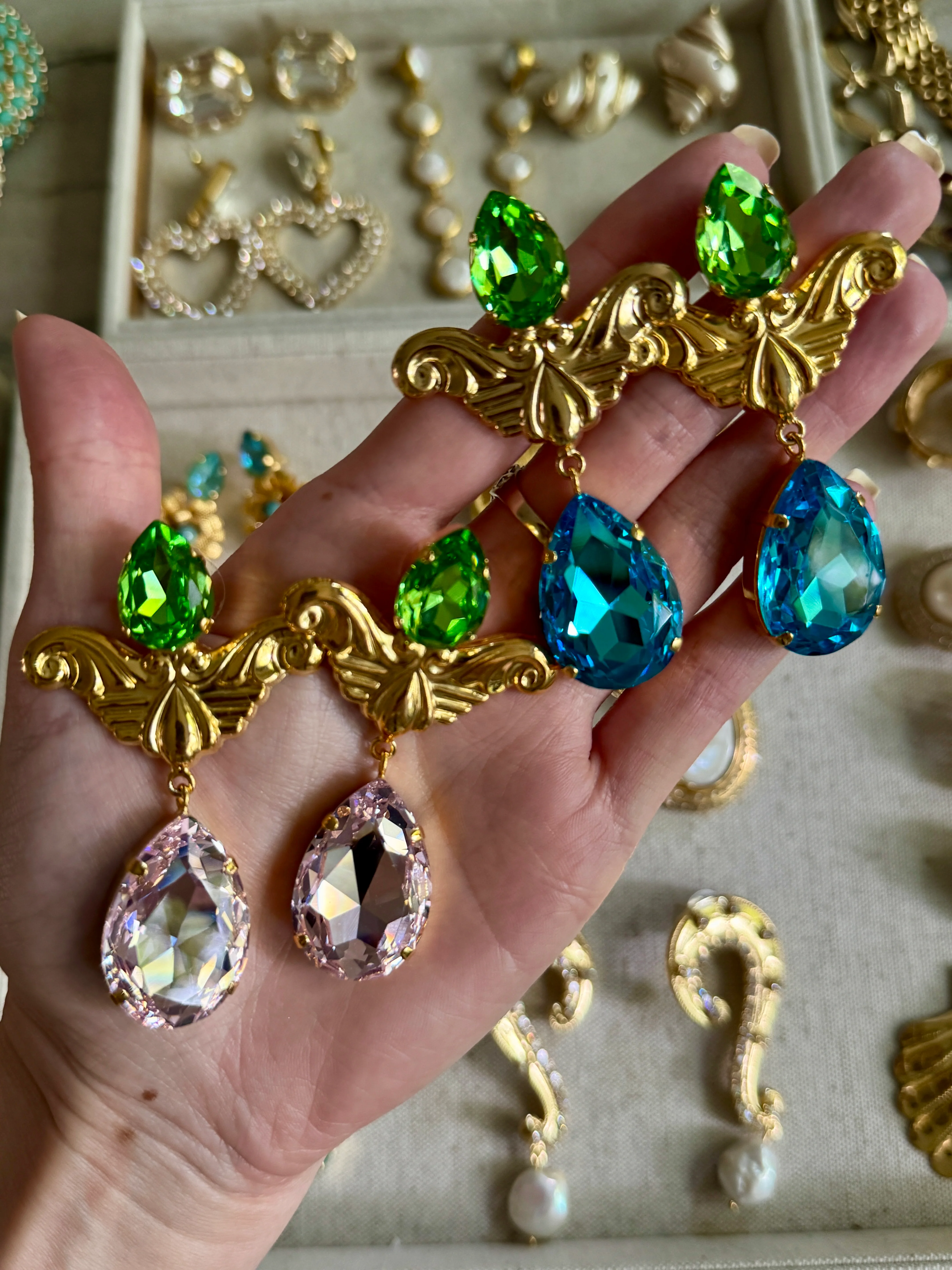 Juliette Pink & Spring Green Crystal Earrings - Image 4
