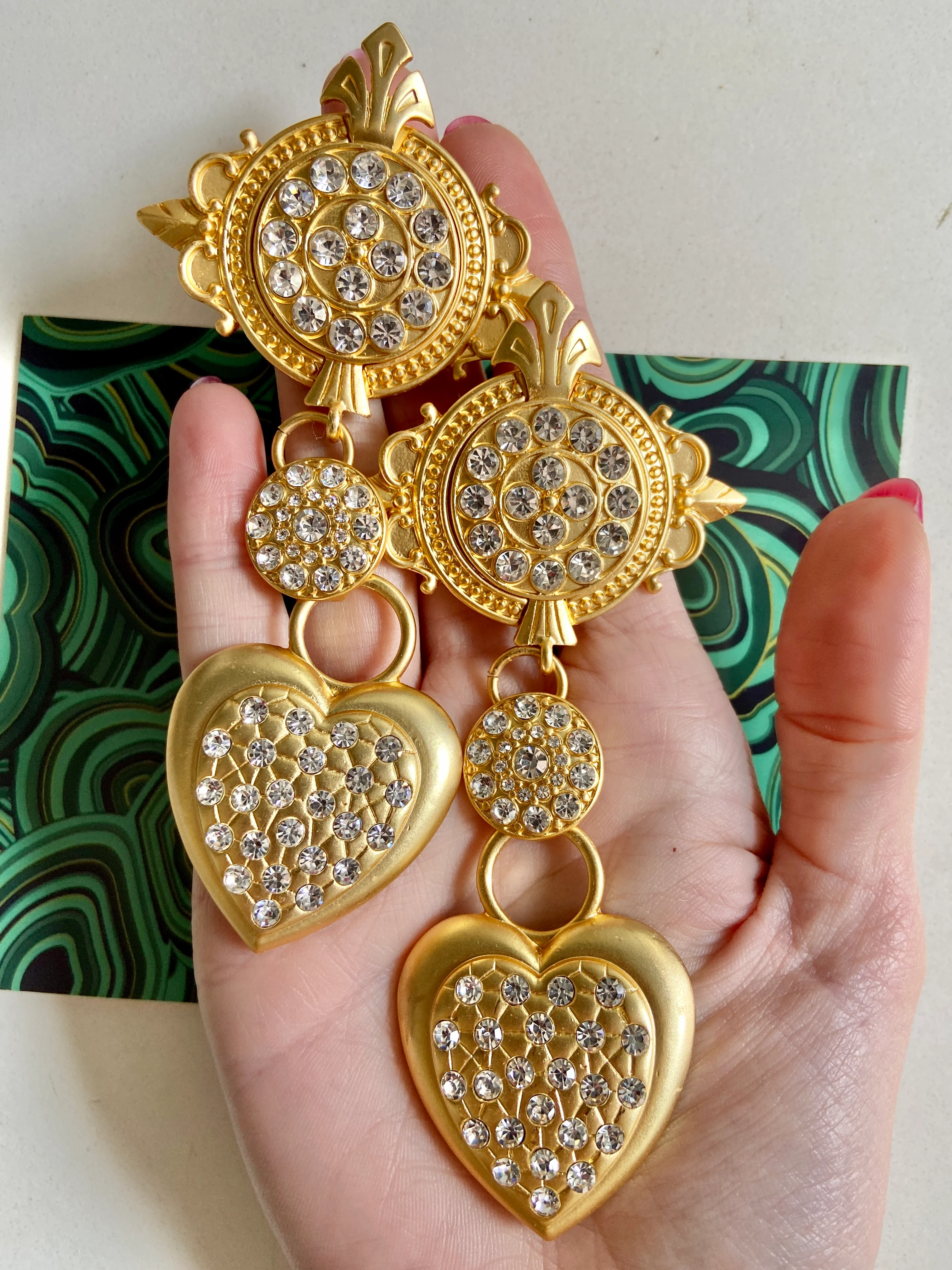 Brushed Gold Heart Shoulder Duster Earrings - Image 3