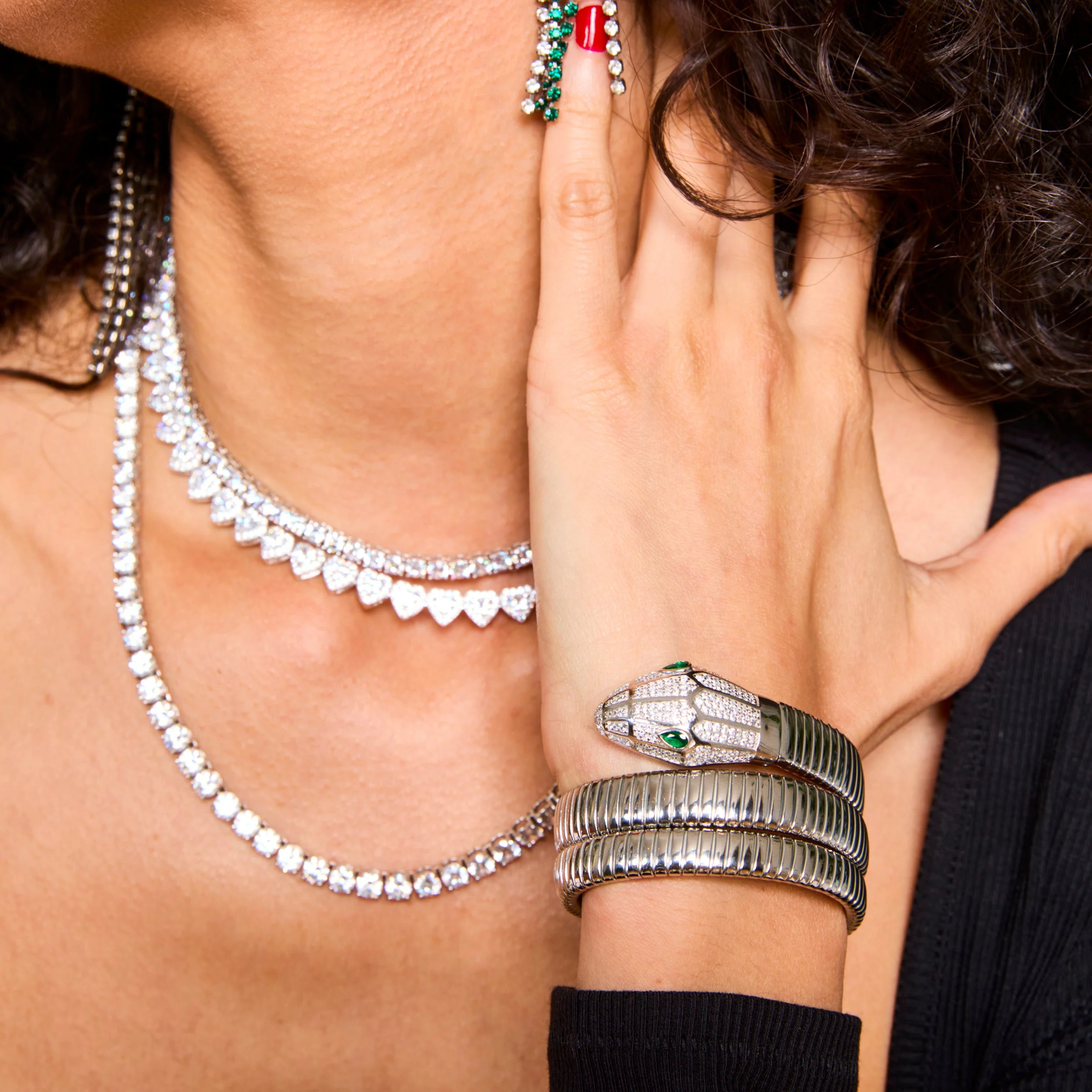 Petite Sterling Silver Crystal Triple Wrap Snake Bracelet - Image 2