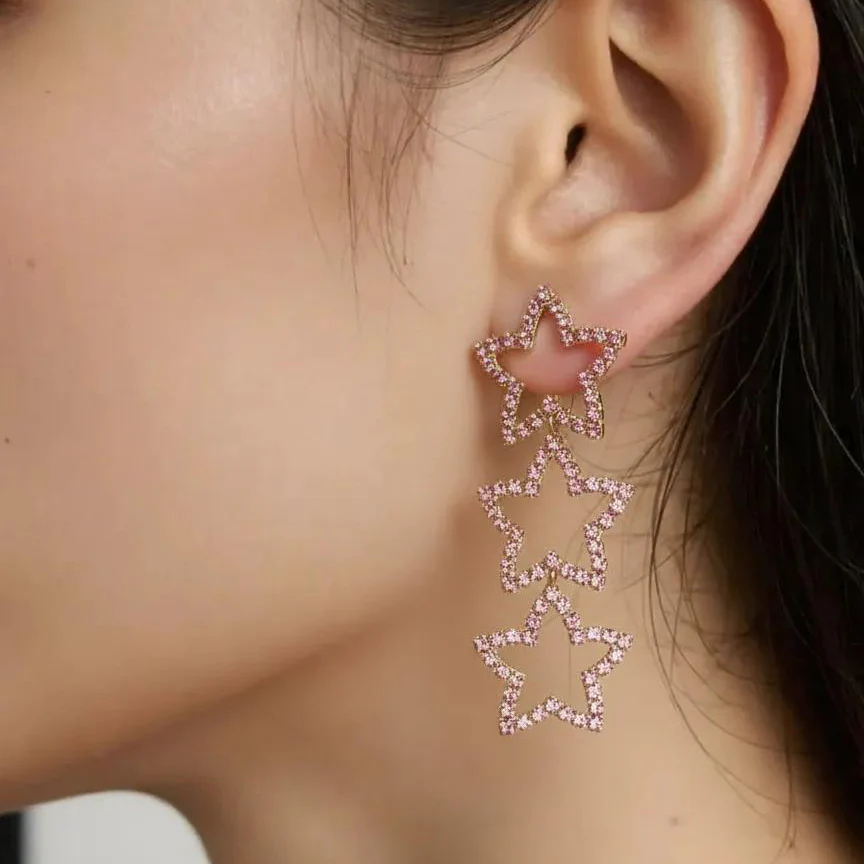 Pink Crystal Cascading Star Post Earrings - Image 2