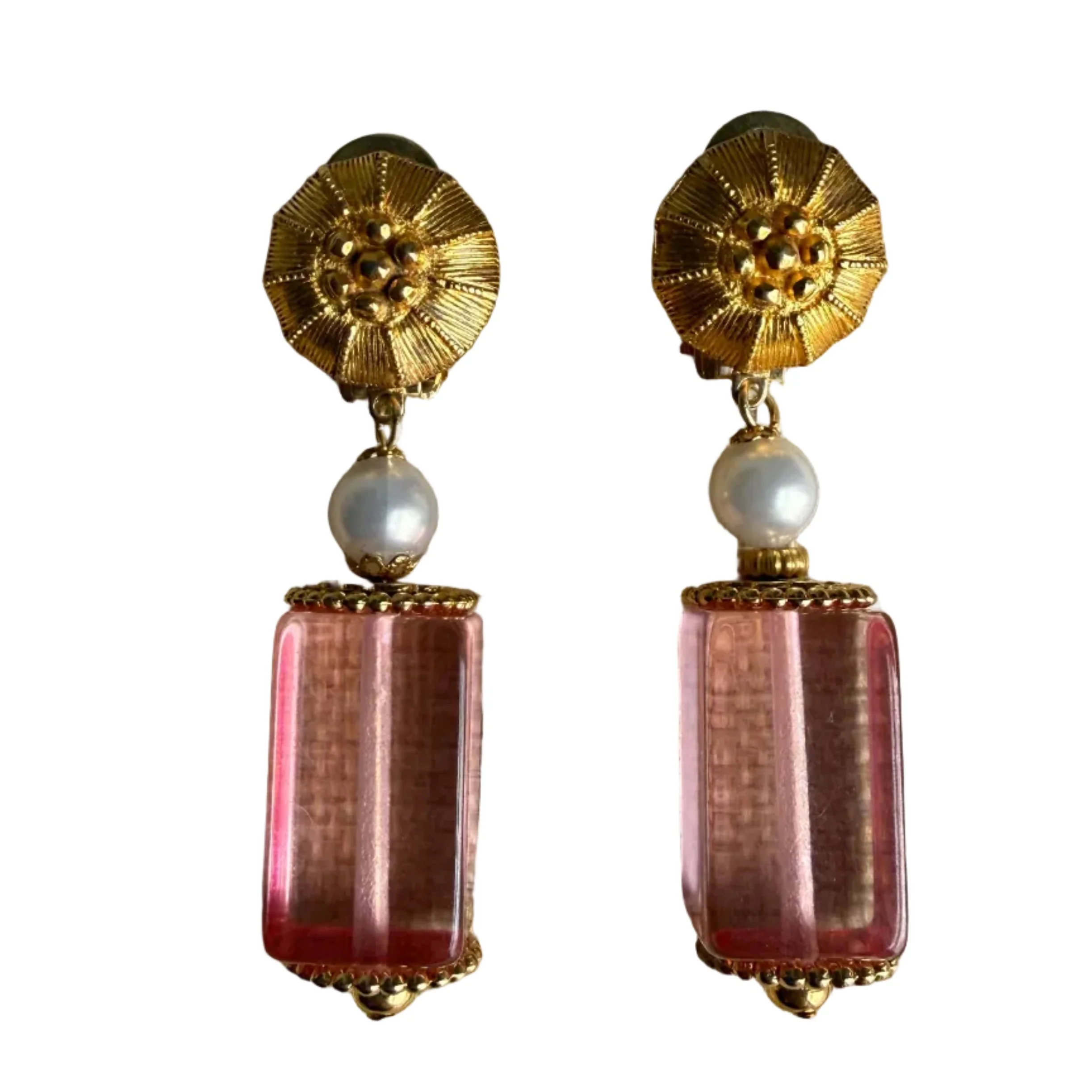 Vintage 60s French Pink Lucite & Pearl Earrings