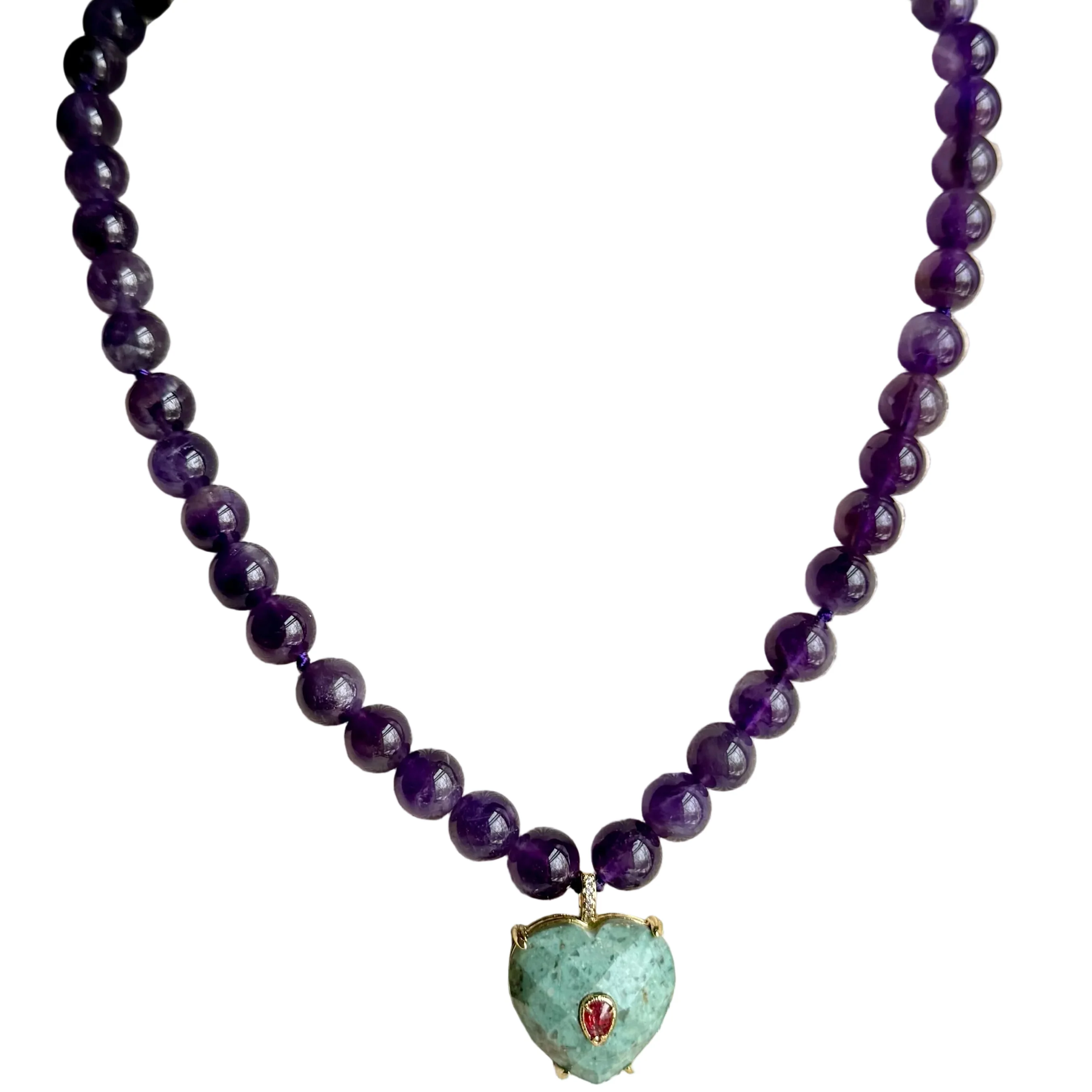 Amethyst Bead & Phoenix Stone Heart Necklace