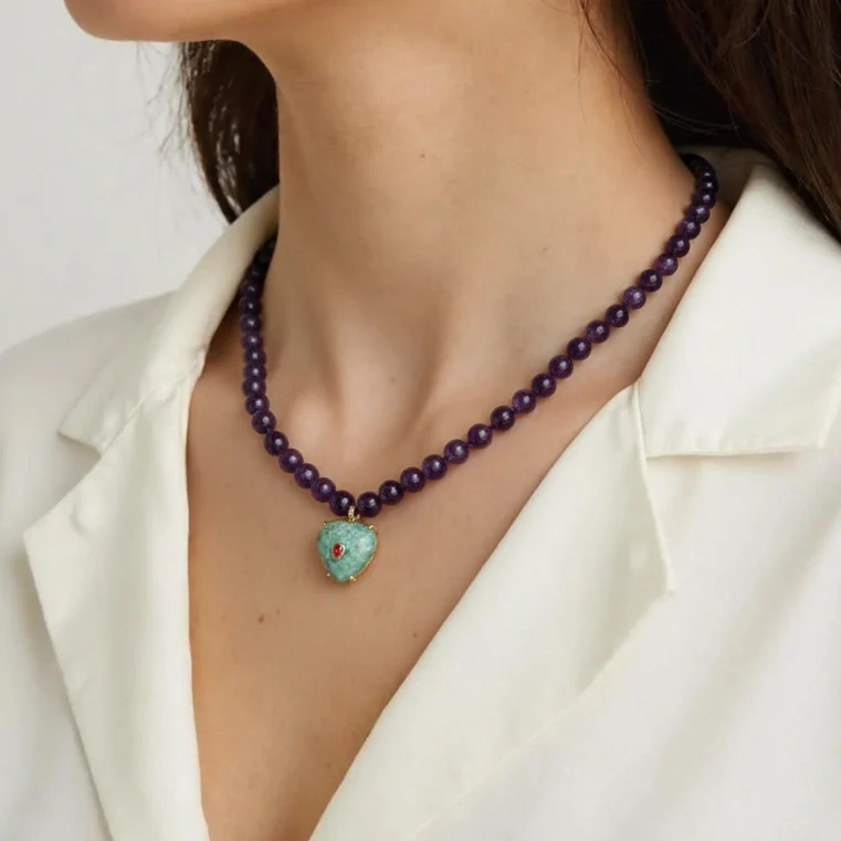 Amethyst Bead & Phoenix Stone Heart Necklace - Image 2