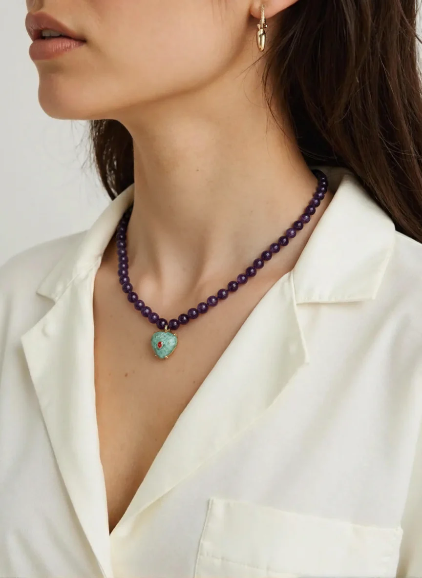 Amethyst Bead & Phoenix Stone Heart Necklace - Image 3