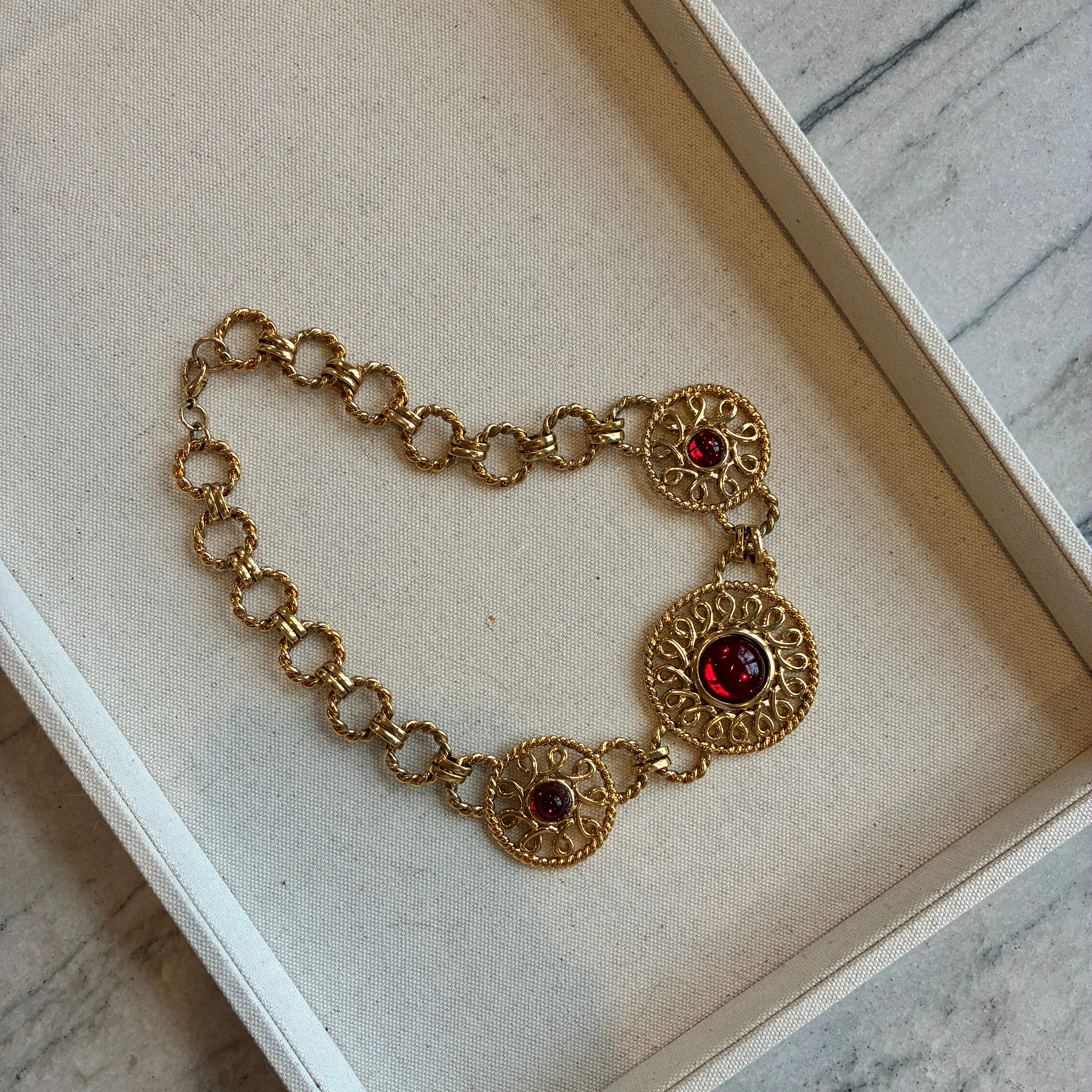 Vintage French Designer Guy Laroche Mogul Red Glass Statement Necklace - Image 3