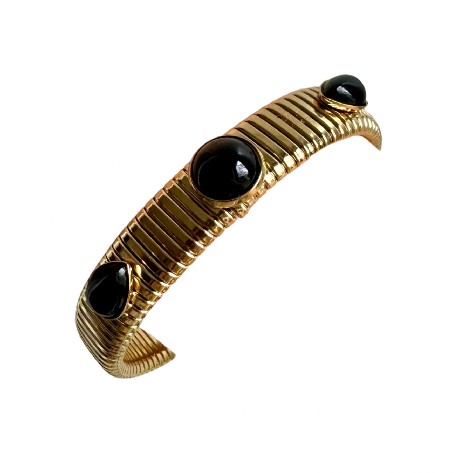 Round and Pear Shaped Black Onyx Gold Omega Bracelet