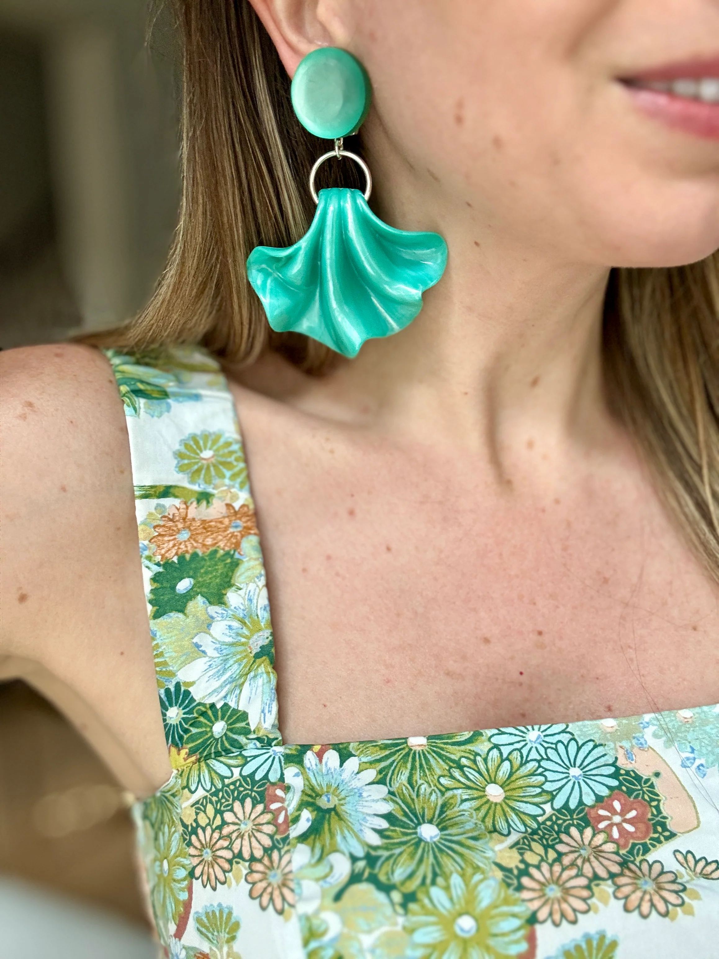 Shimmering Aqua Mirrored Fan Clip-On Earrings - Image 3