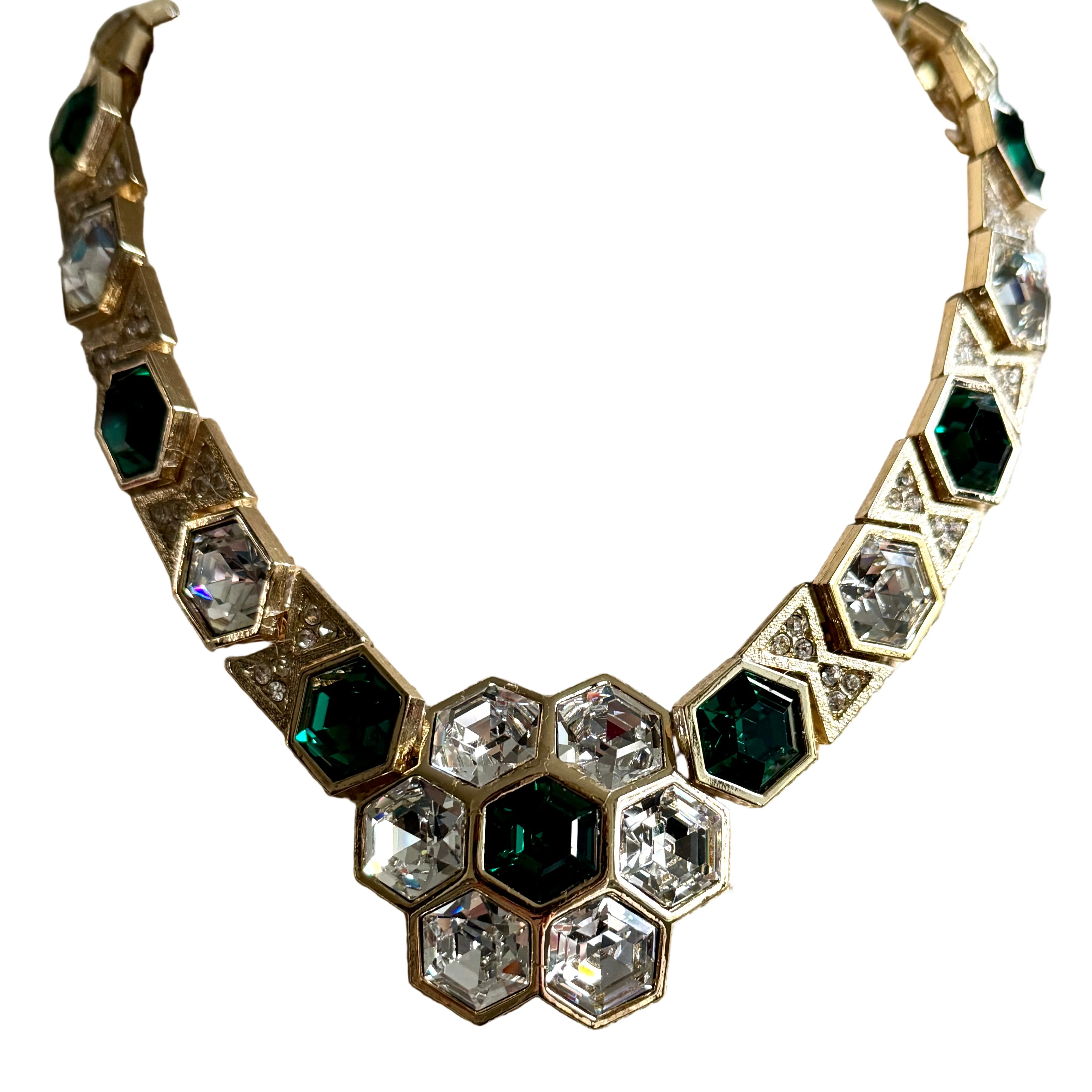Stunning Vintage 1980s Emerald Crystal Flower Necklace
