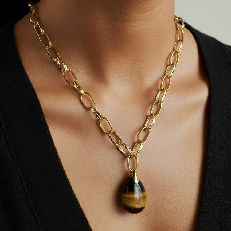 French Tiger Eye Teardrop Necklace - Image 2