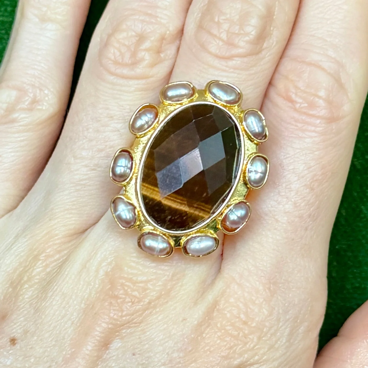 Tiger’s Eye & Pearl Cocktail Ring - Image 2