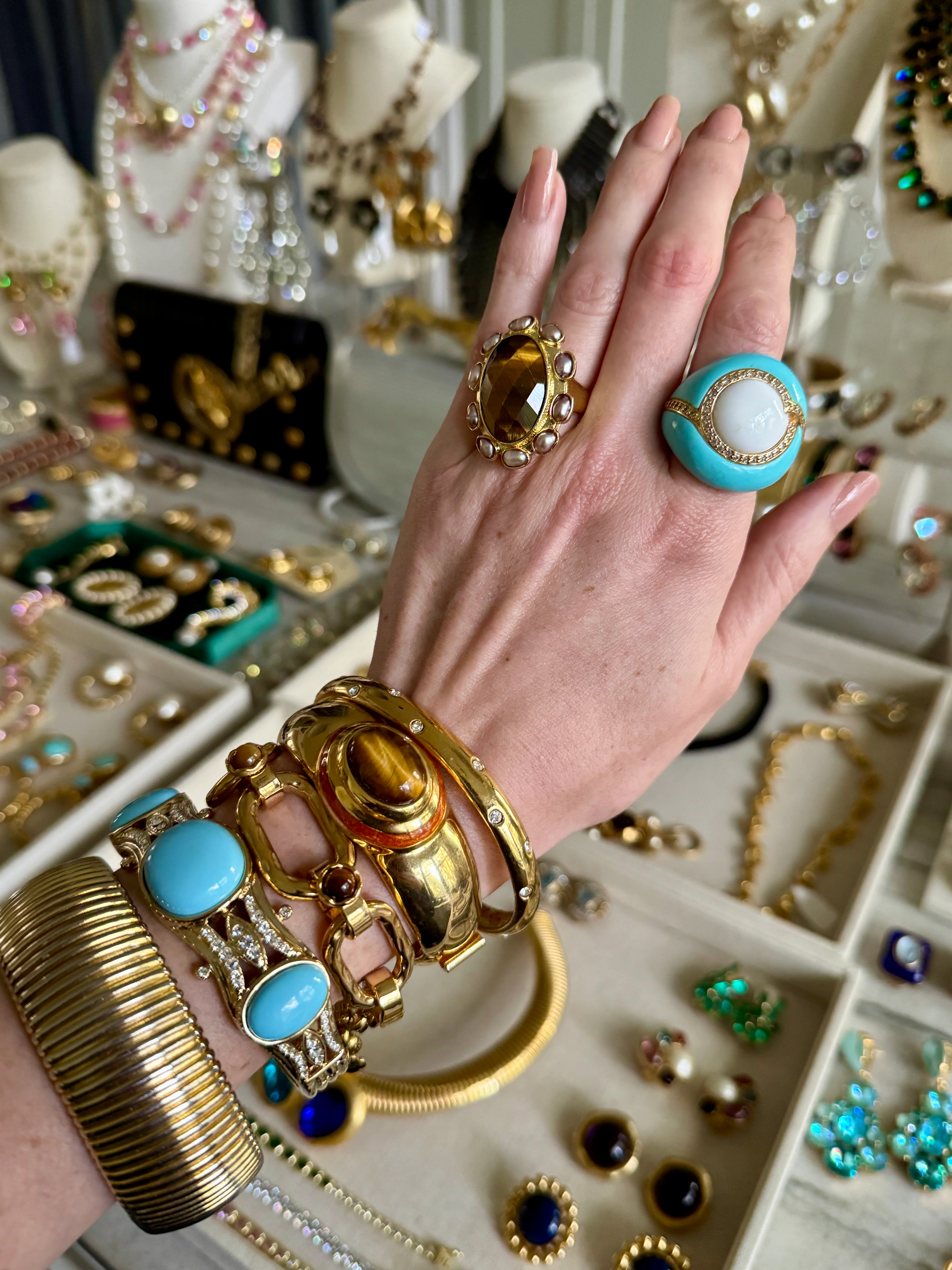 Tiger’s Eye & Pearl Cocktail Ring - Image 3