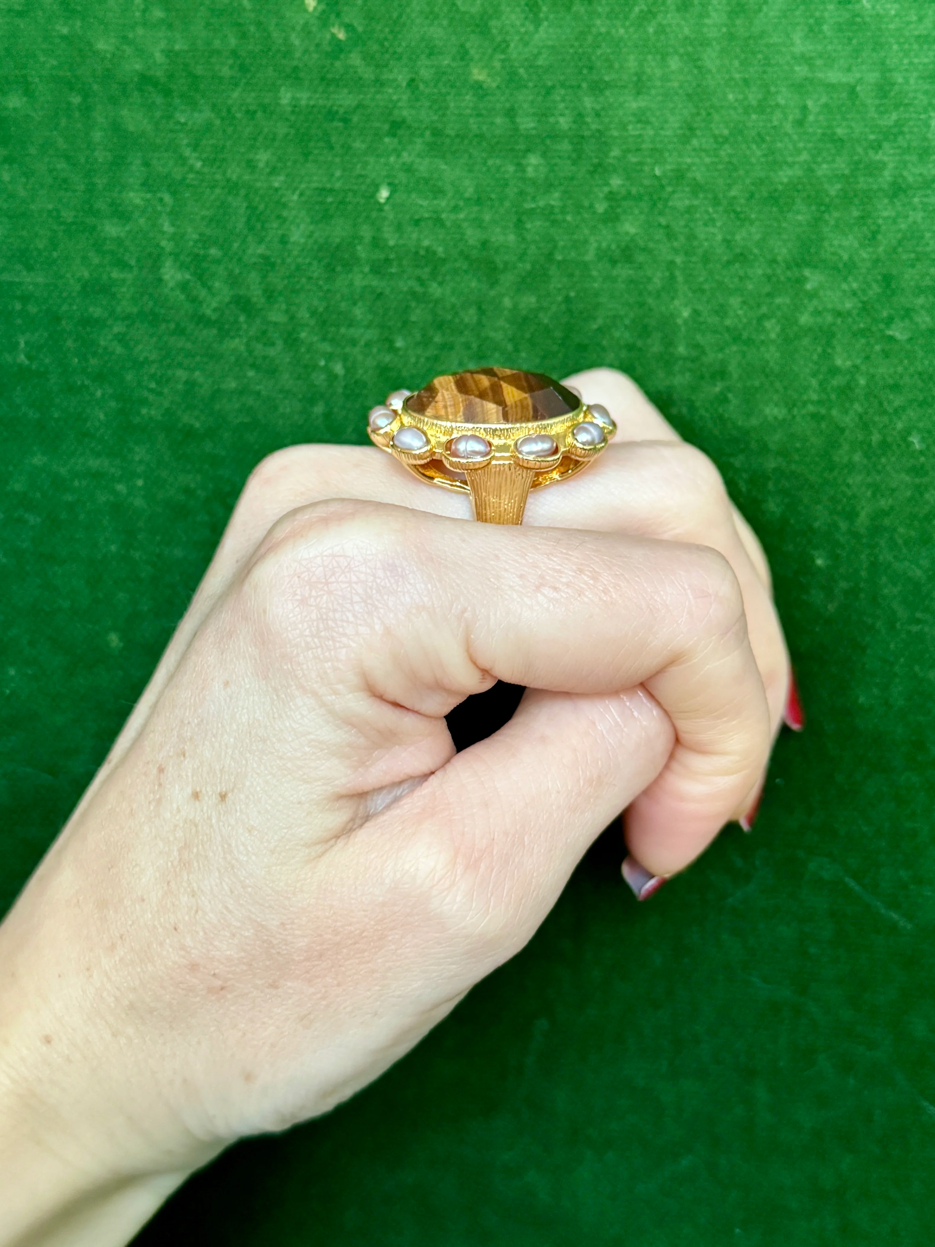 Tiger’s Eye & Pearl Cocktail Ring - Image 4