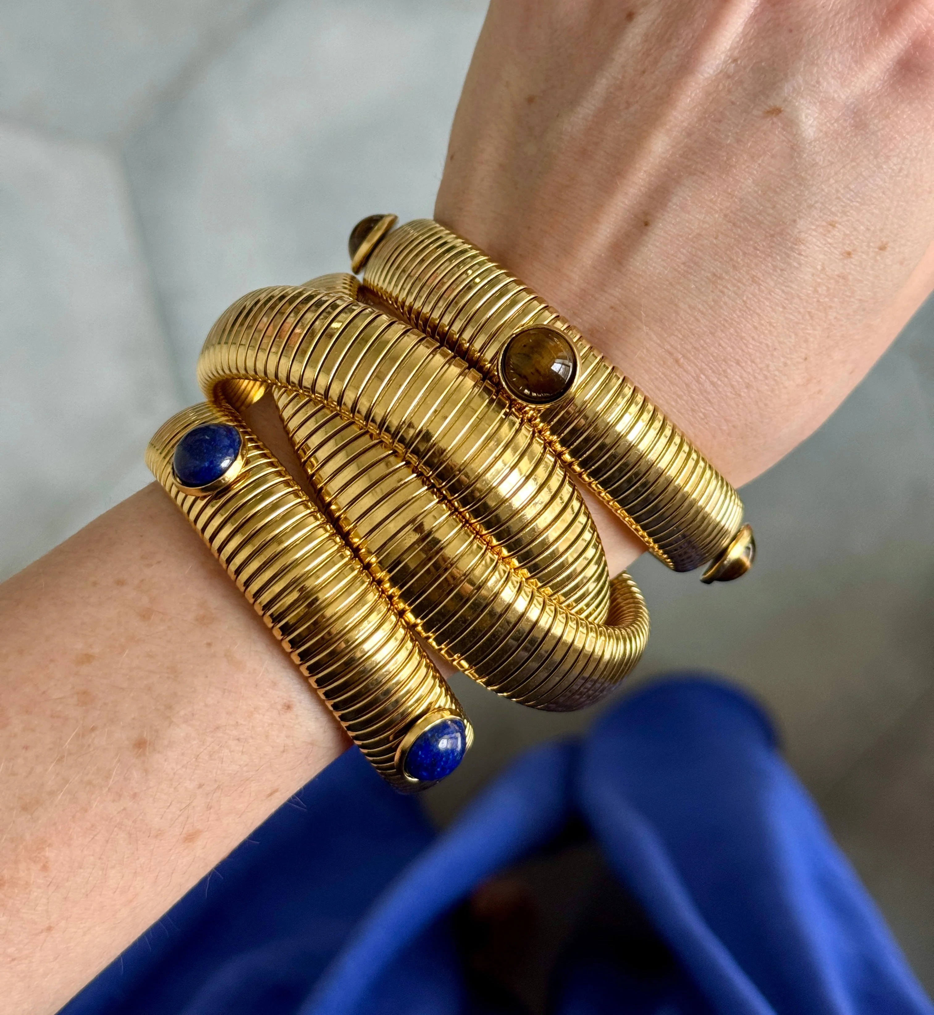 Tiger's Eye or Lapis Gold Plate Omega Bracelet - Image 2