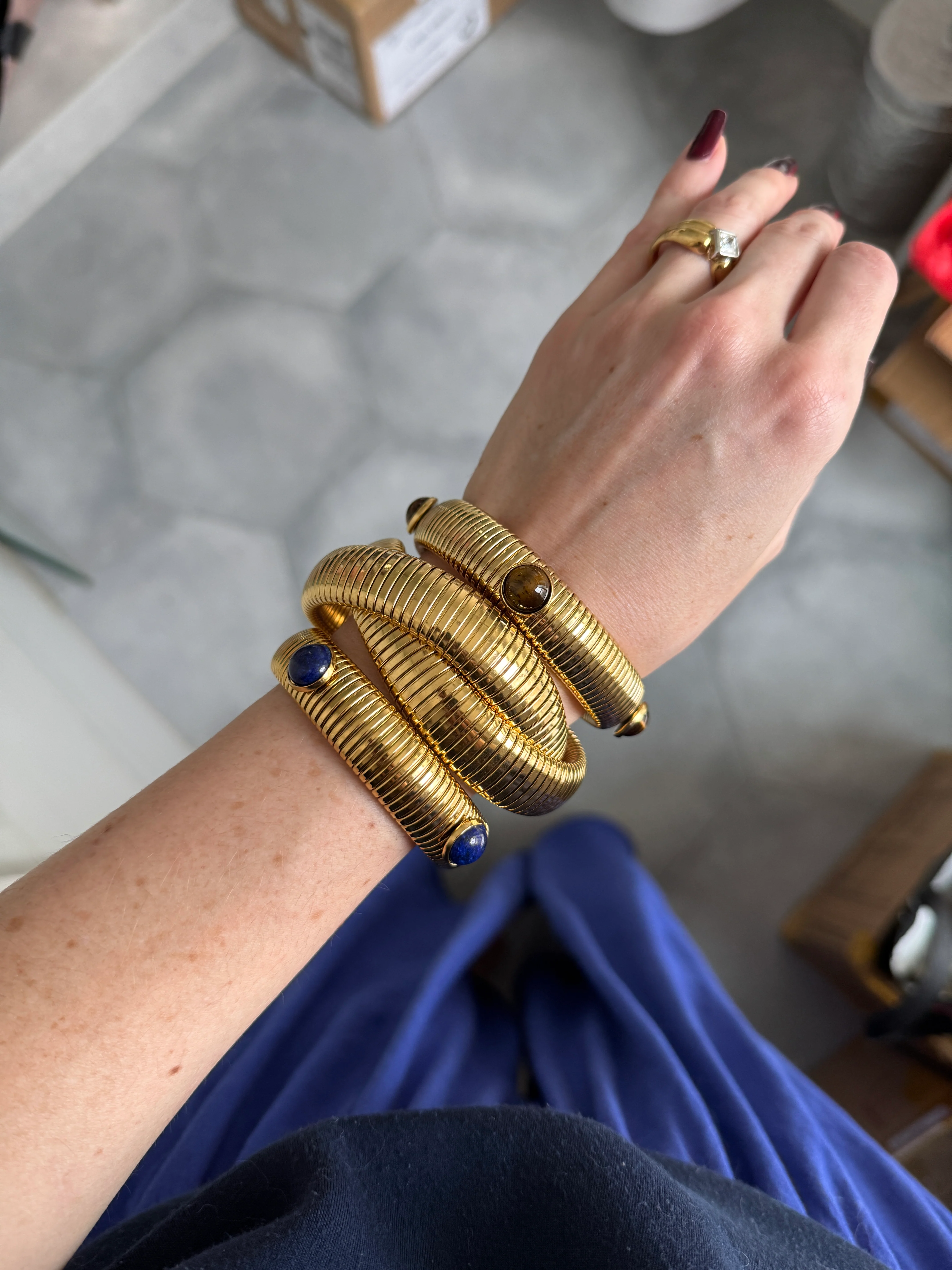 Tiger's Eye or Lapis Gold Plate Omega Bracelet - Image 3