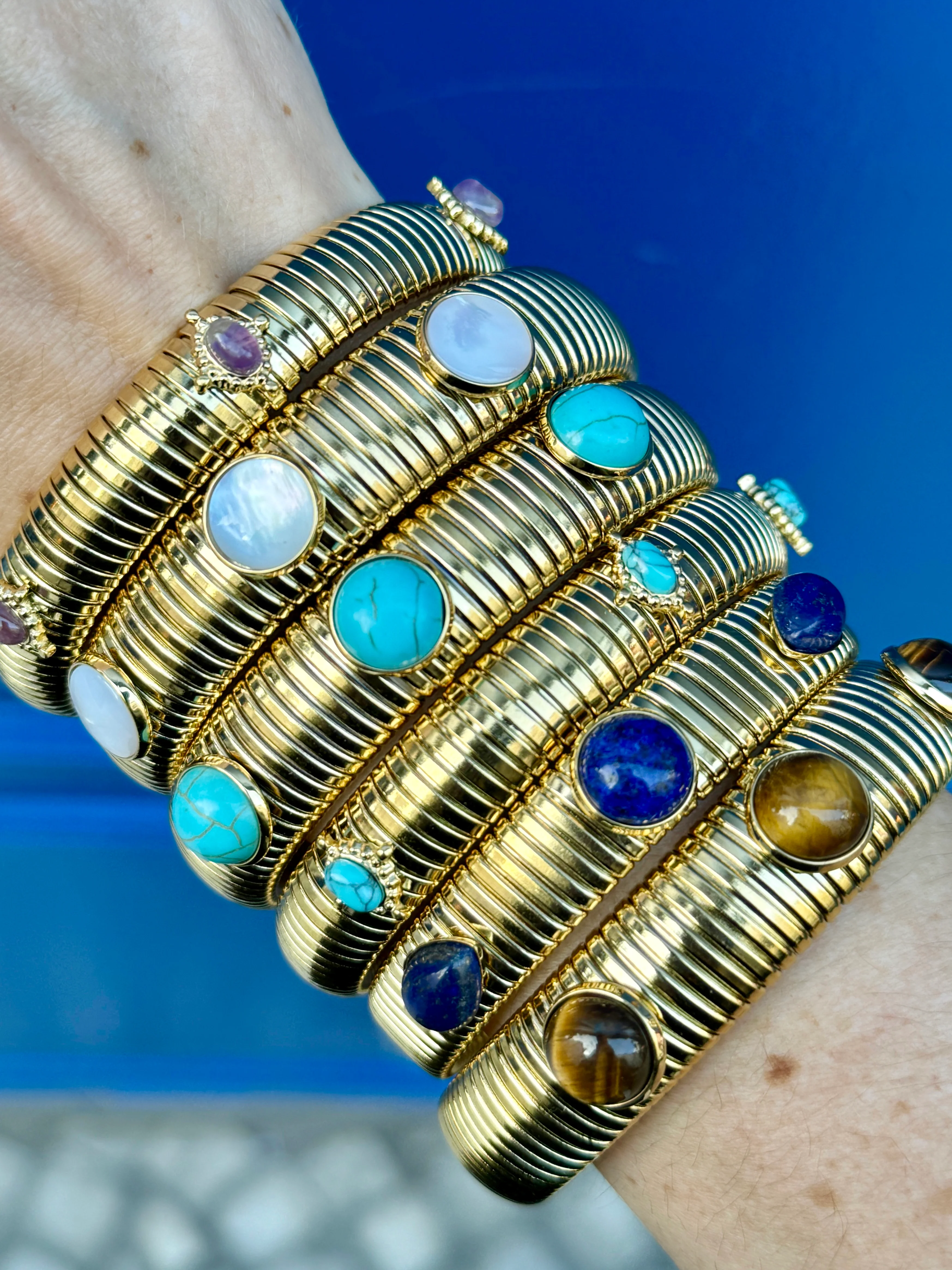 Tiger's Eye or Lapis Gold Plate Omega Bracelet - Image 6