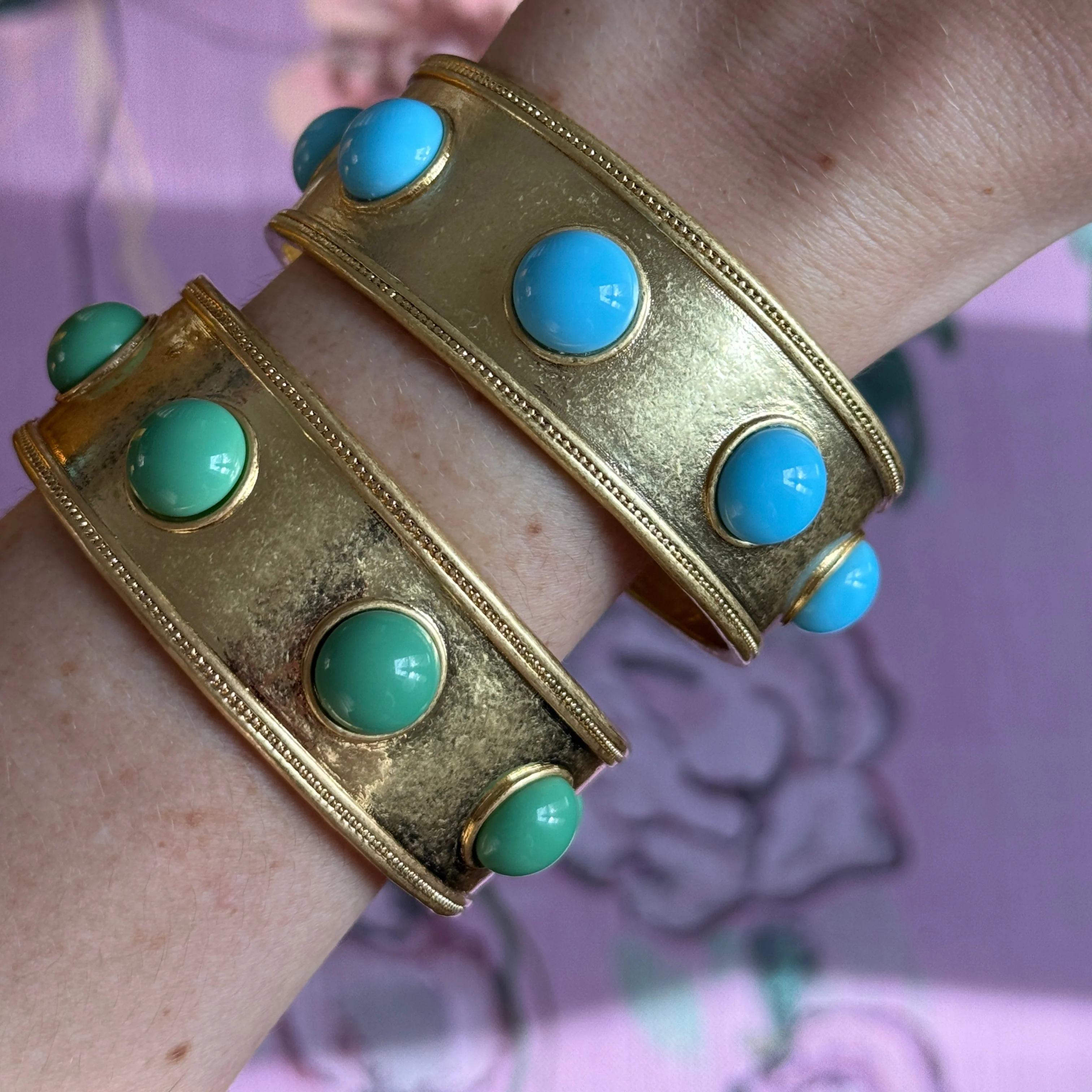Claire Turquoise or Jade Glass Wide Gold Bangle - Image 2