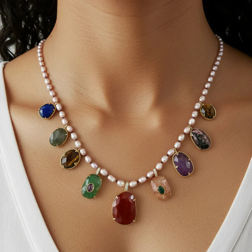 French Pearl & Semi Precious Stone Pendant Necklace - Image 2