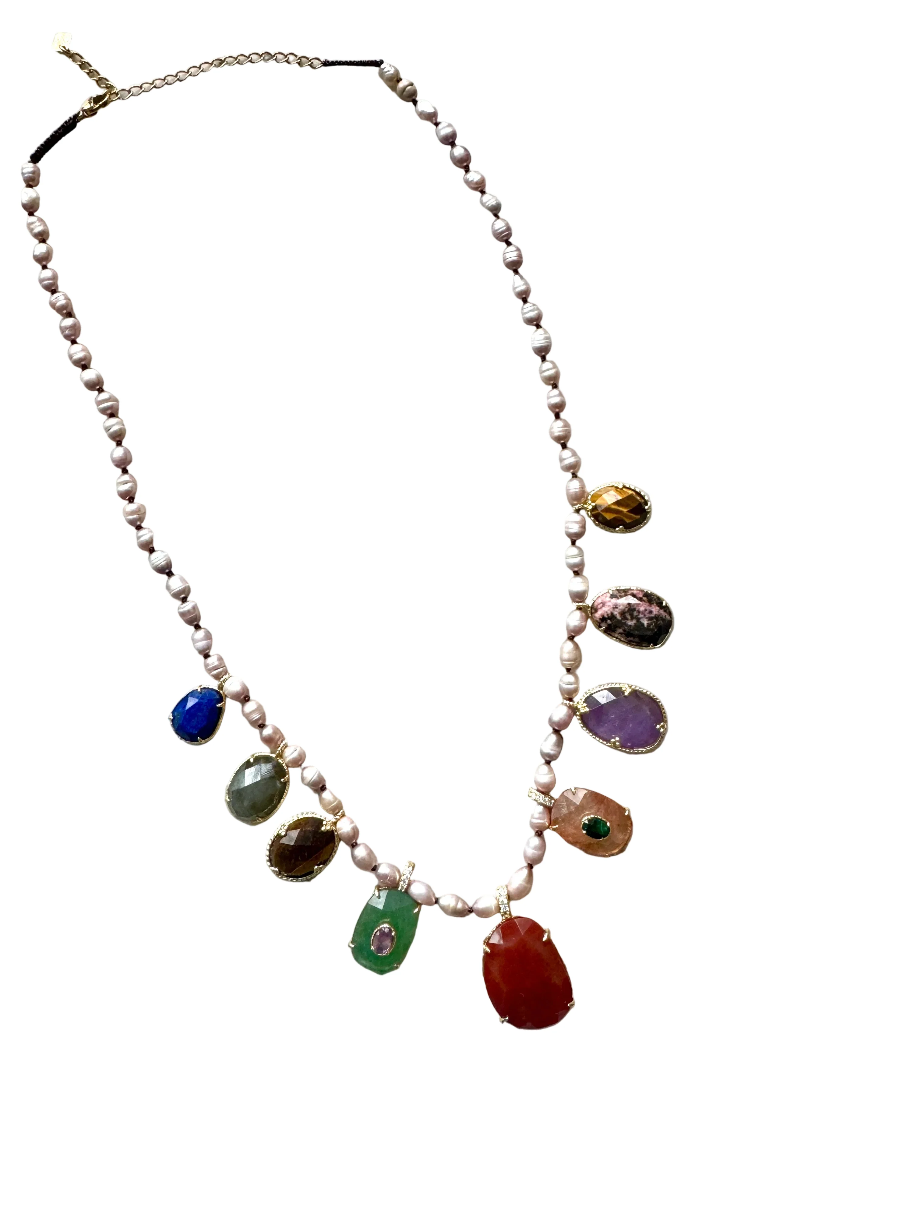 French Pearl & Semi Precious Stone Pendant Necklace - Image 3