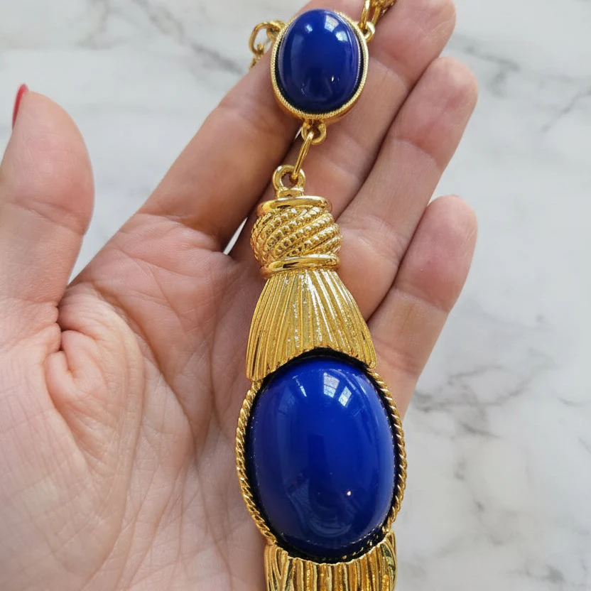 Vintage Blue Tassel Pendant Necklace - Image 3