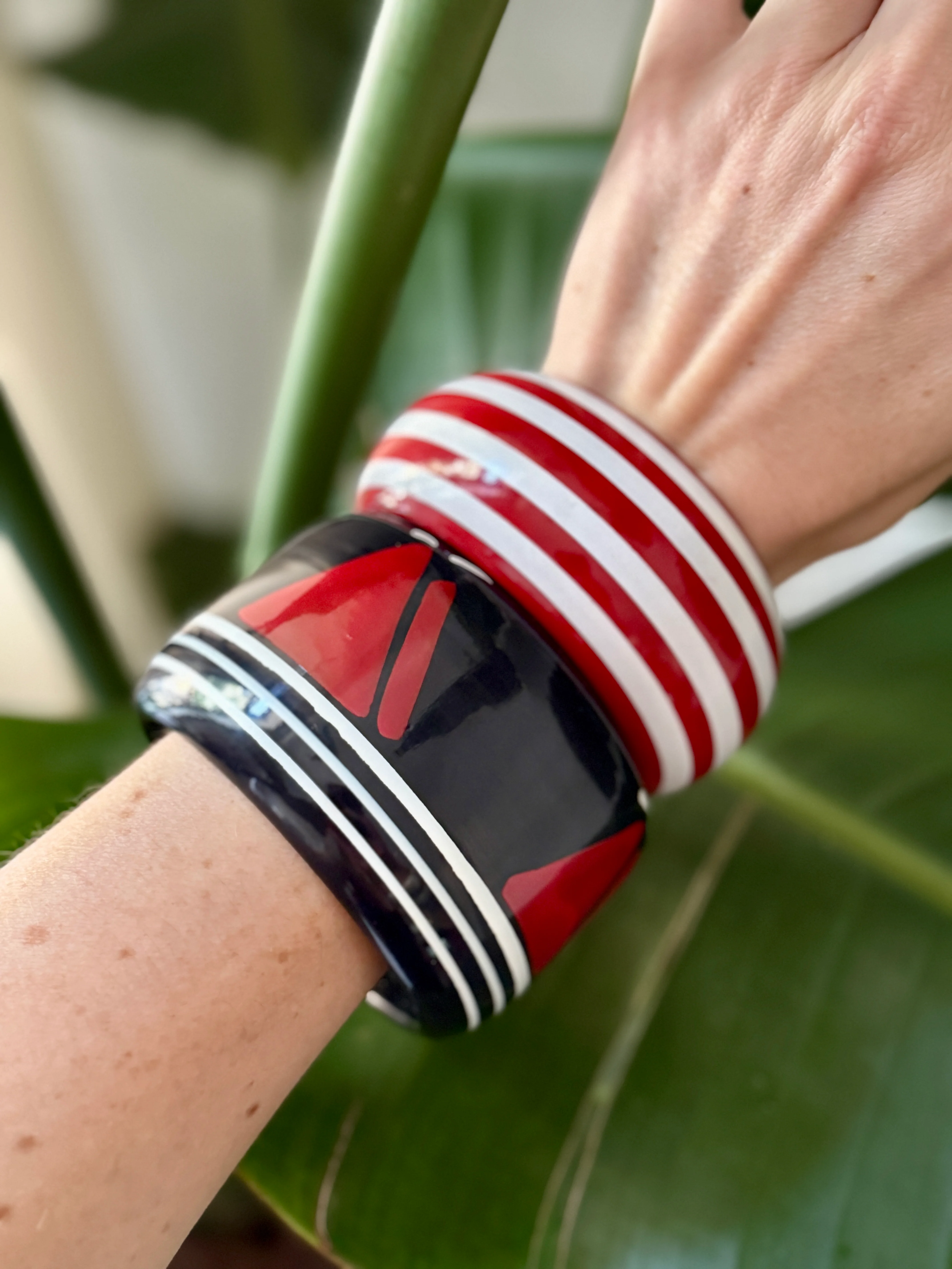 Vintage French Black Stripe Hand Painted Wood Bracelet - Image 3