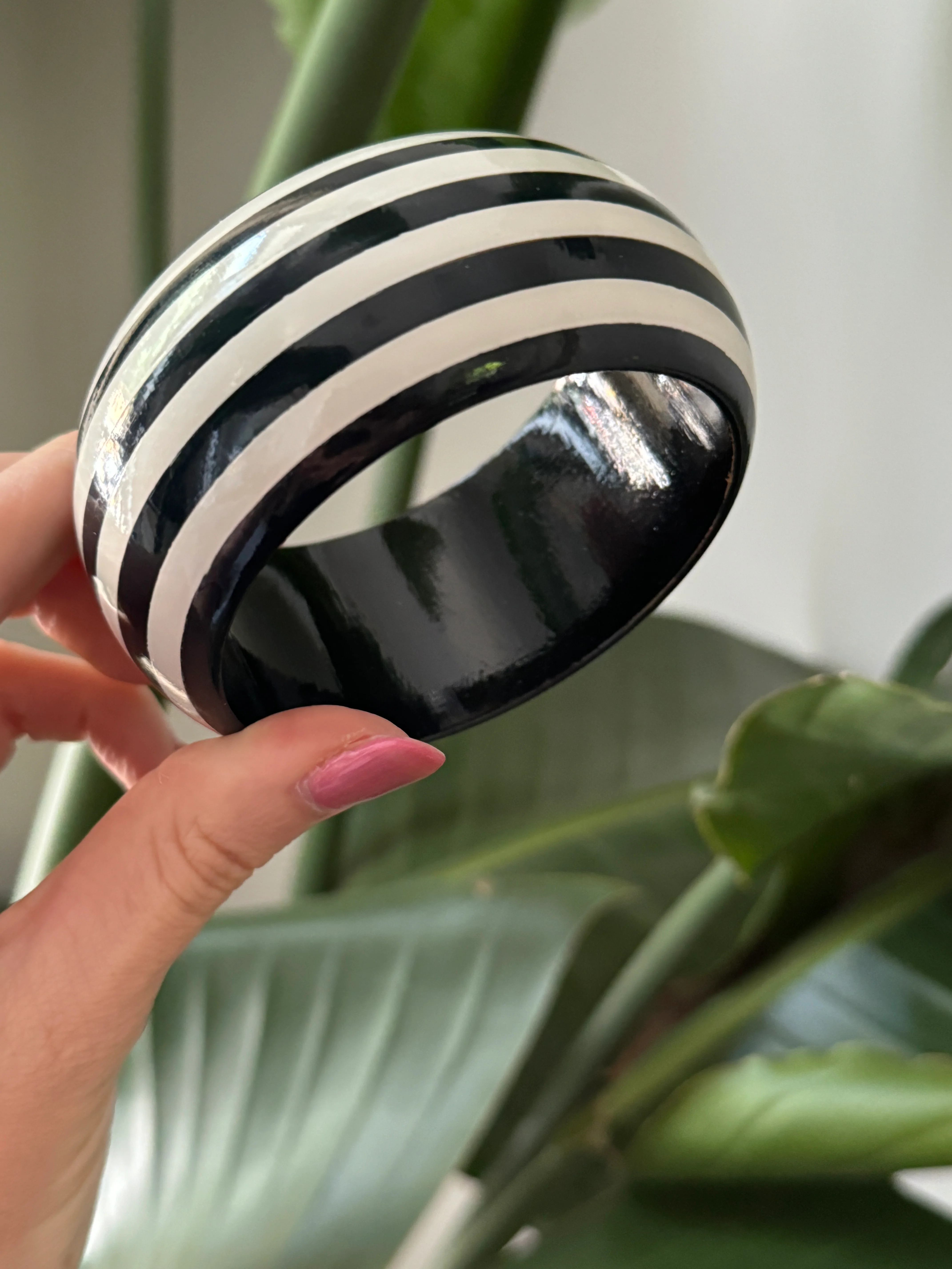 Vintage French Black Stripe Hand Painted Wood Bracelet - Image 4
