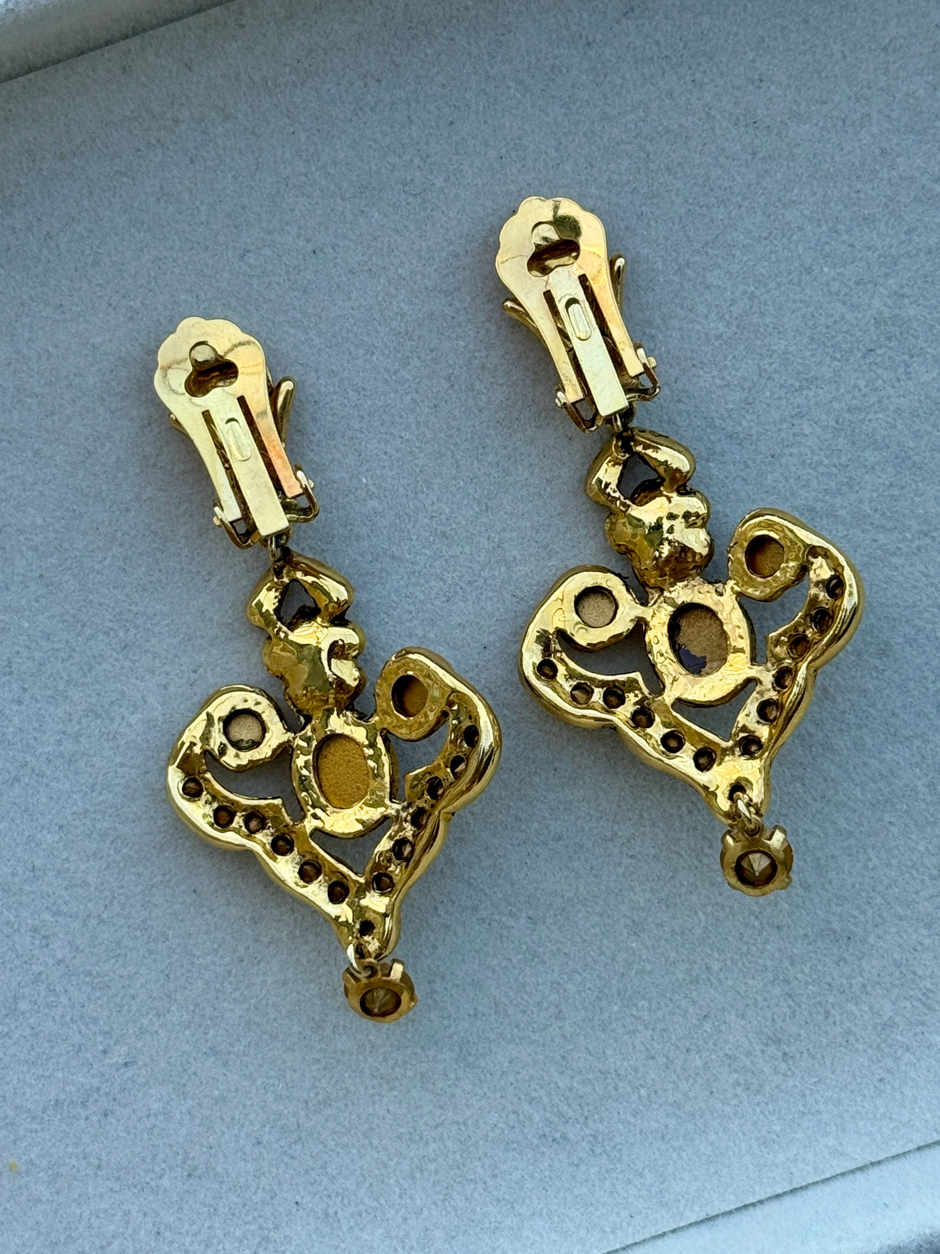Vintage 80s French Brown Glass Crystal Flower Gilt Earrings - Image 3