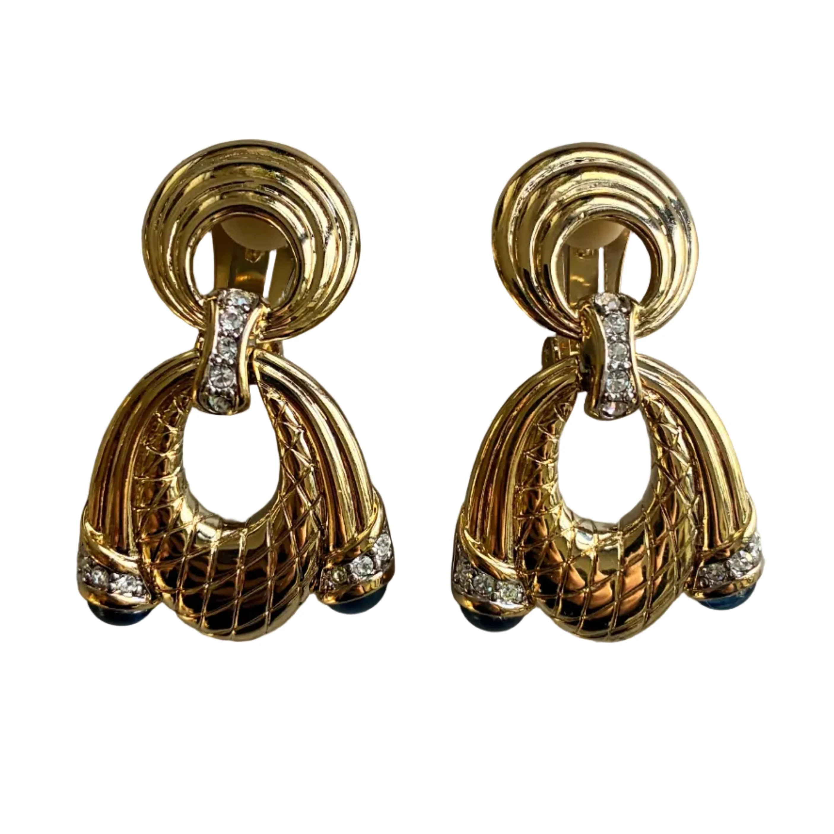 Vintage 90s Quilted Gold and Blue Crystal Earrings
