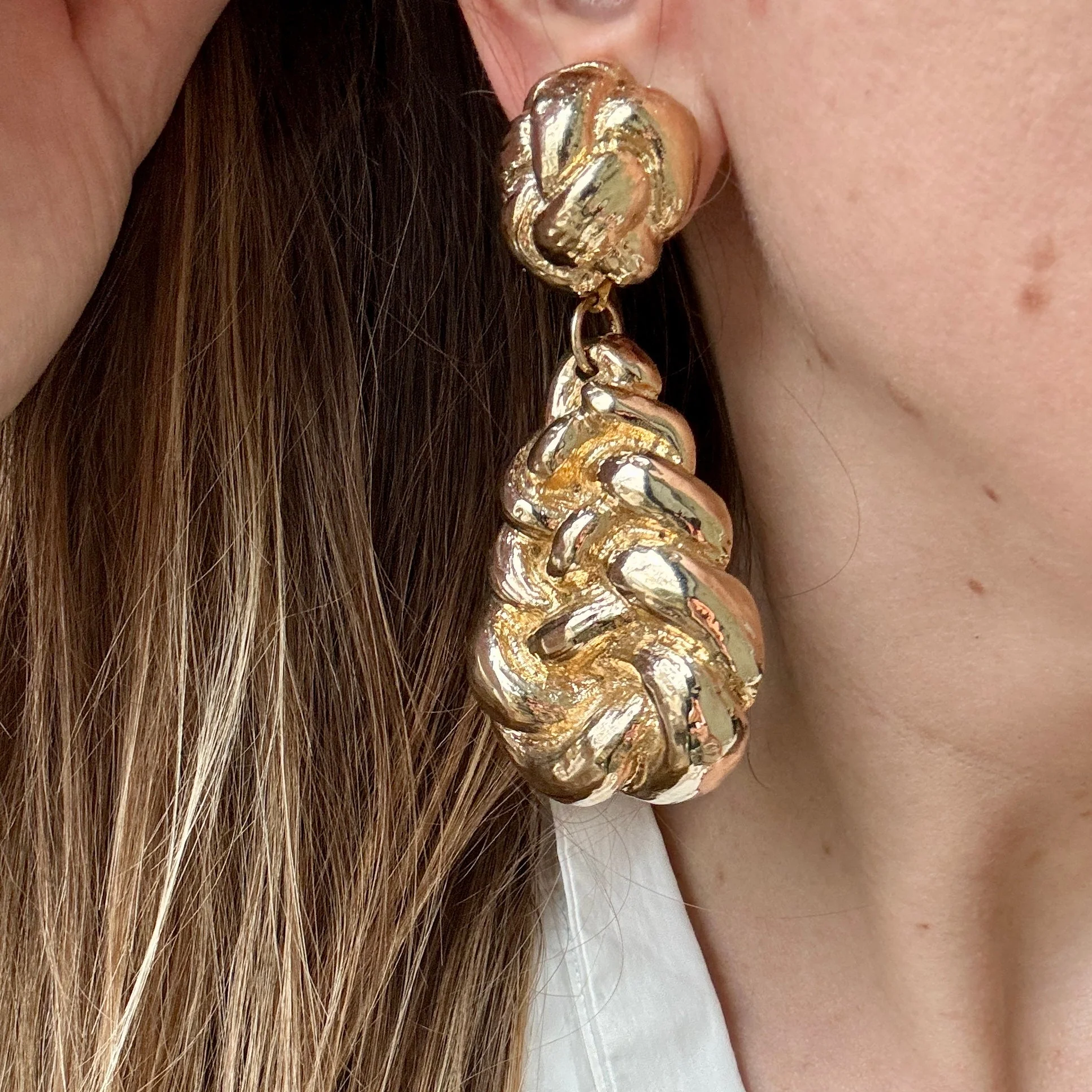 Vintage 80s Huge Gilt Resin Braided Statement Earrings - Image 2