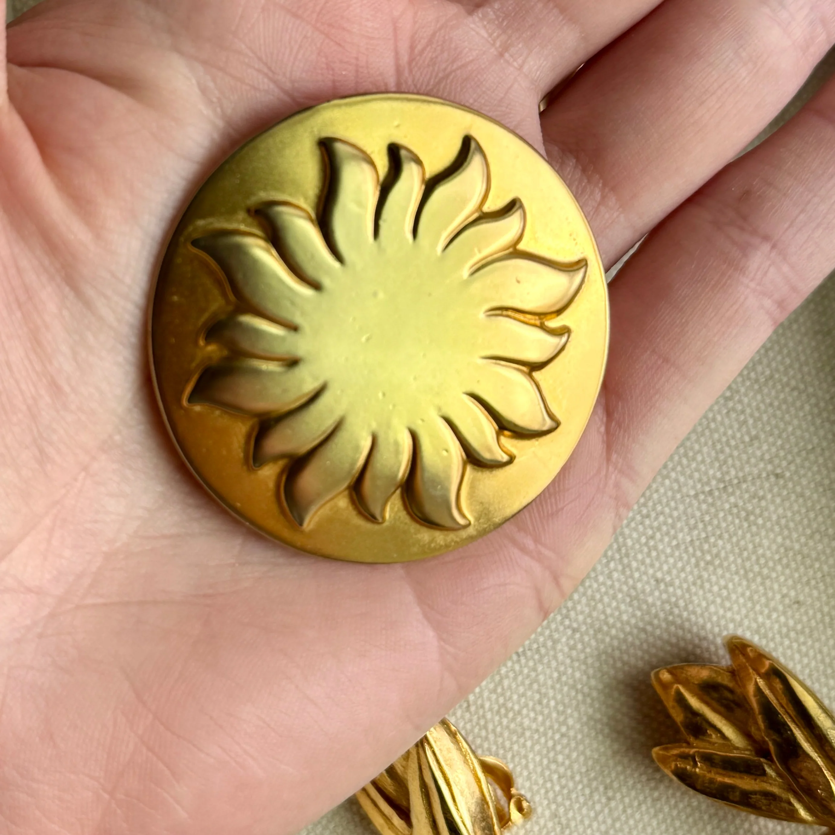 Vintage French Designer Gold Sun Brooch - Image 2