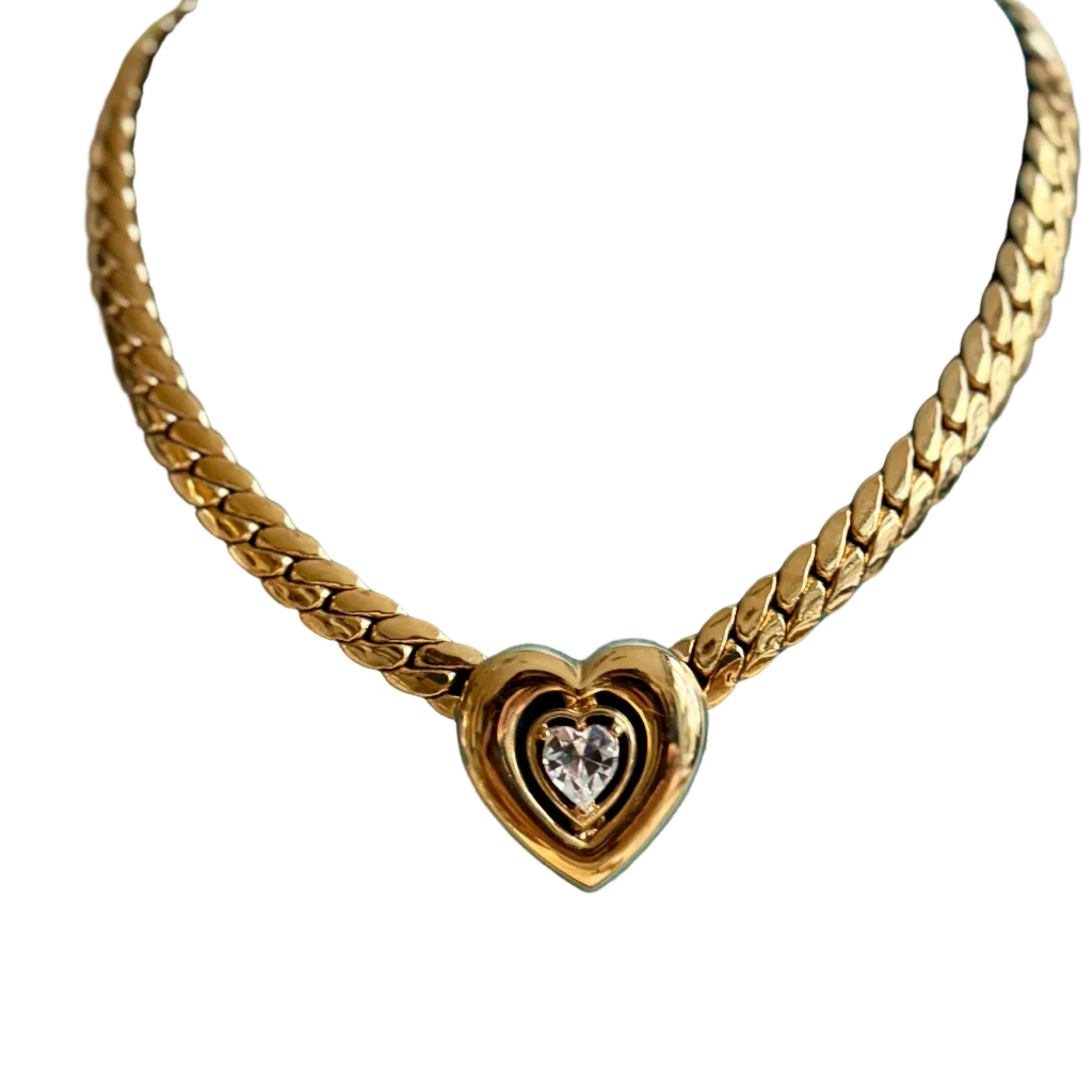 Vintage 80s Gold Heart and Crystal Necklace