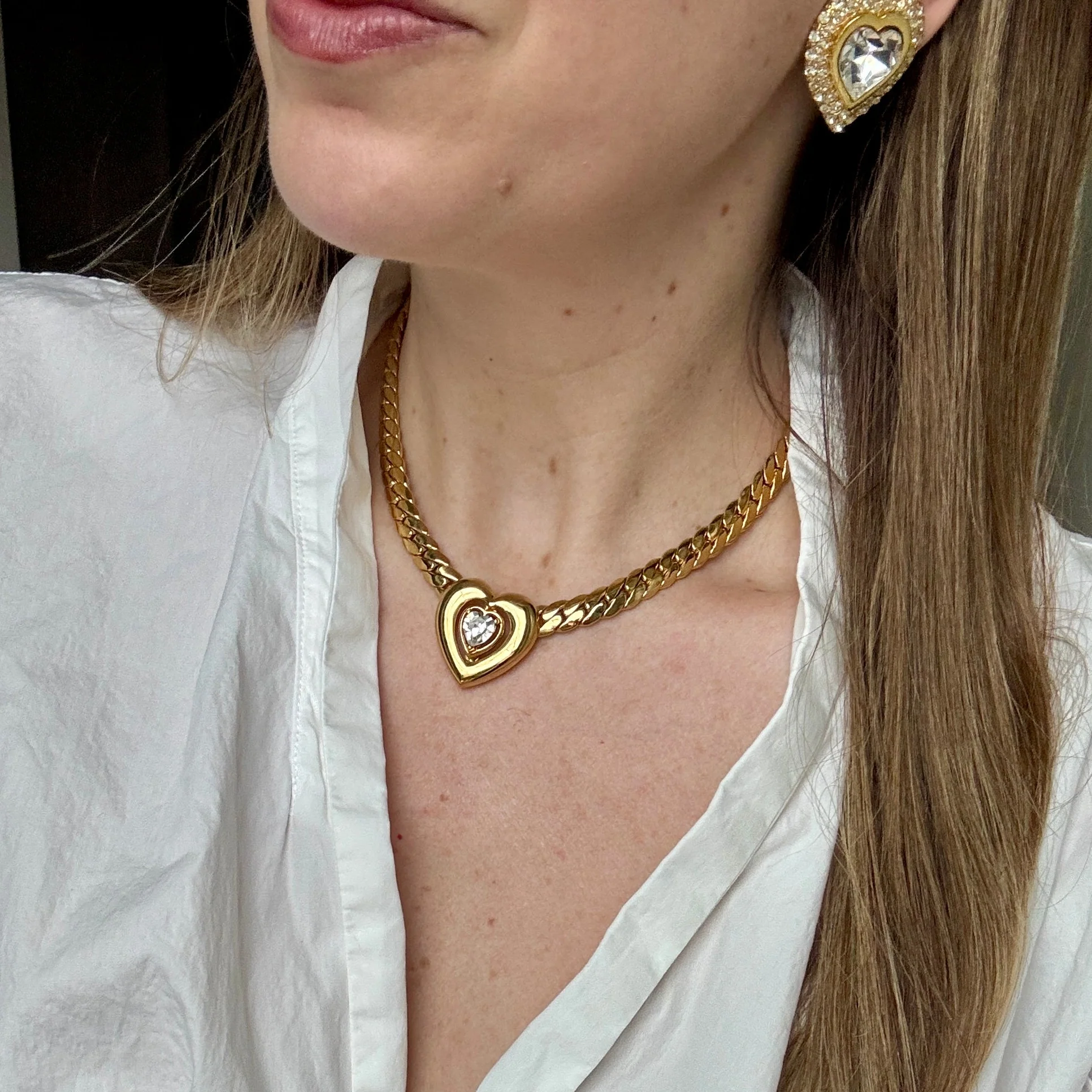 Vintage 80s Gold Heart and Crystal Necklace - Image 2