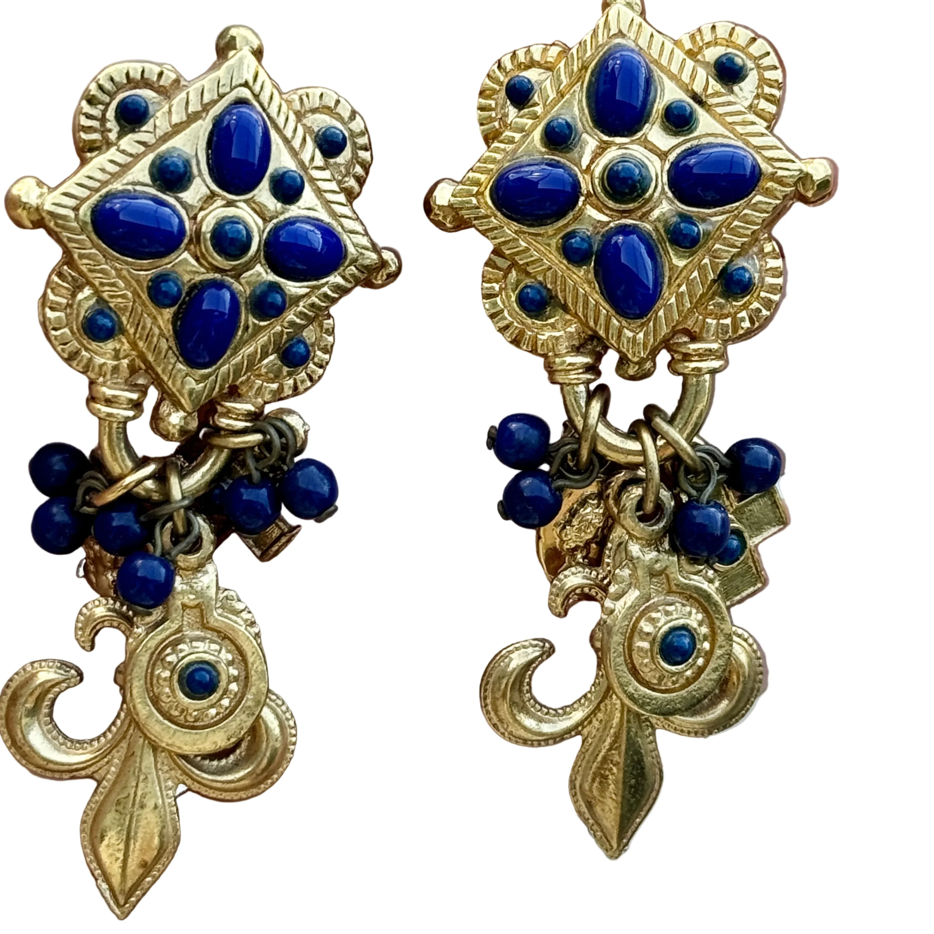 Vintage French Lapis Glass Fleur de Lis Coin Charm Earrings