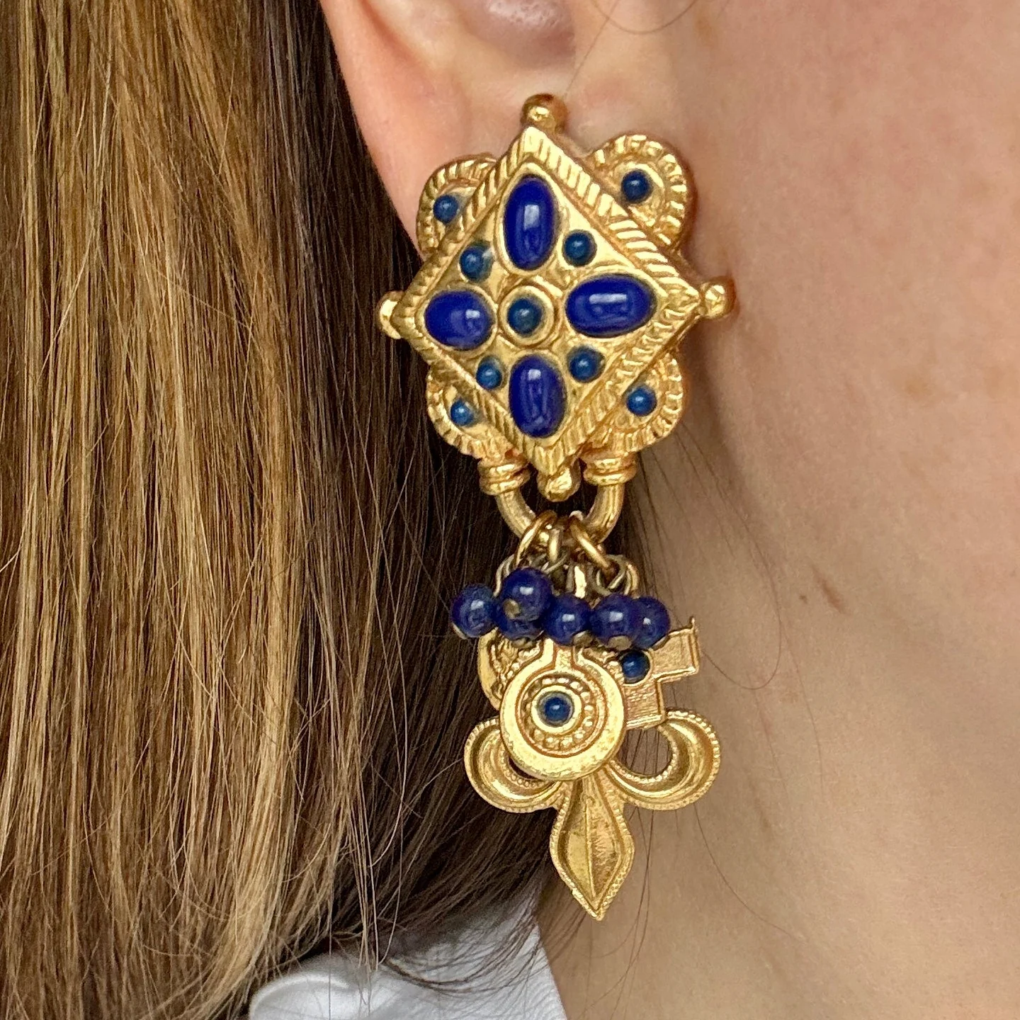 Vintage French Lapis Glass Fleur de Lis Coin Charm Earrings - Image 2