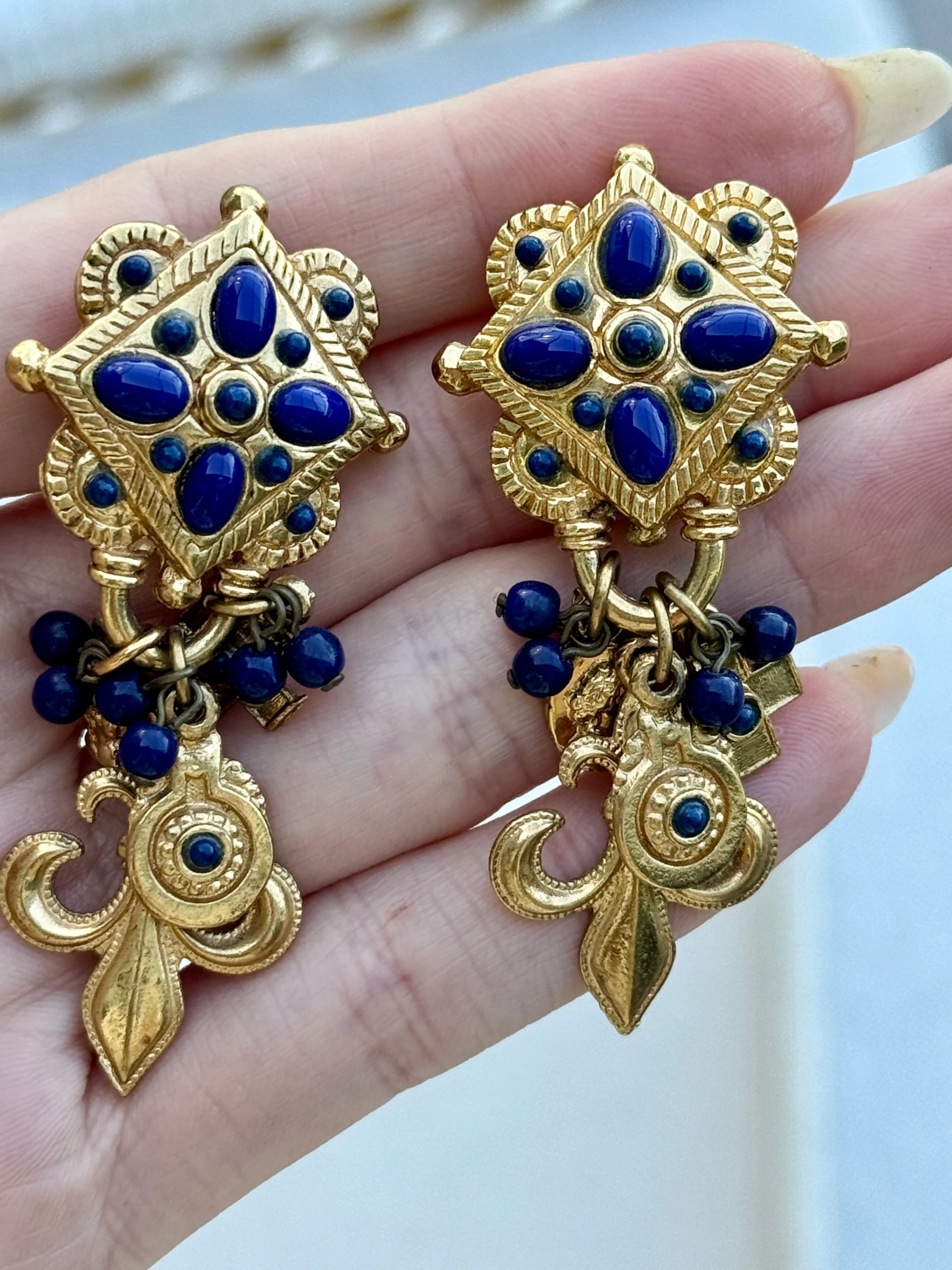 Vintage French Lapis Glass Fleur de Lis Coin Charm Earrings - Image 3