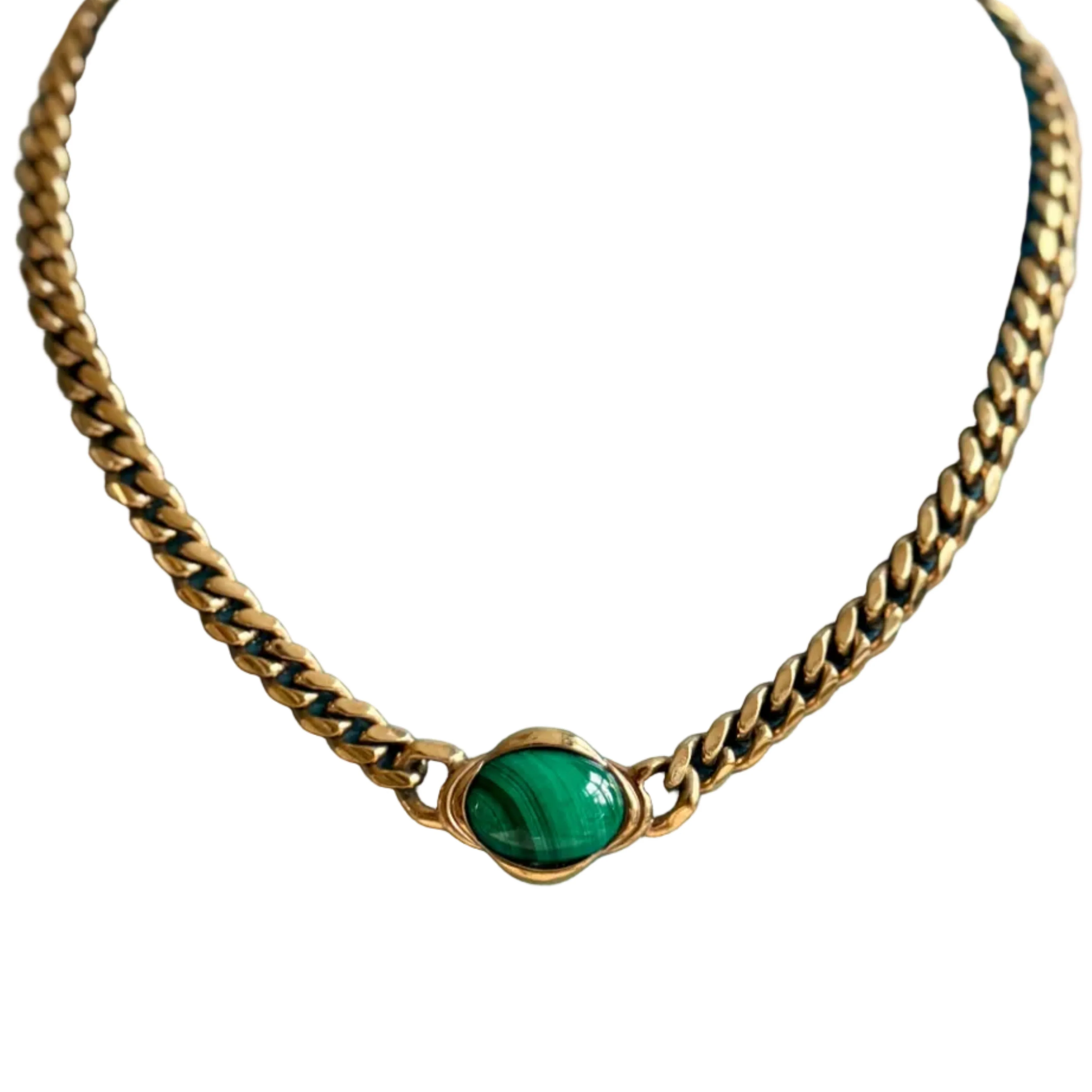Vintage 70s French Malachite Curb Chain Necklace