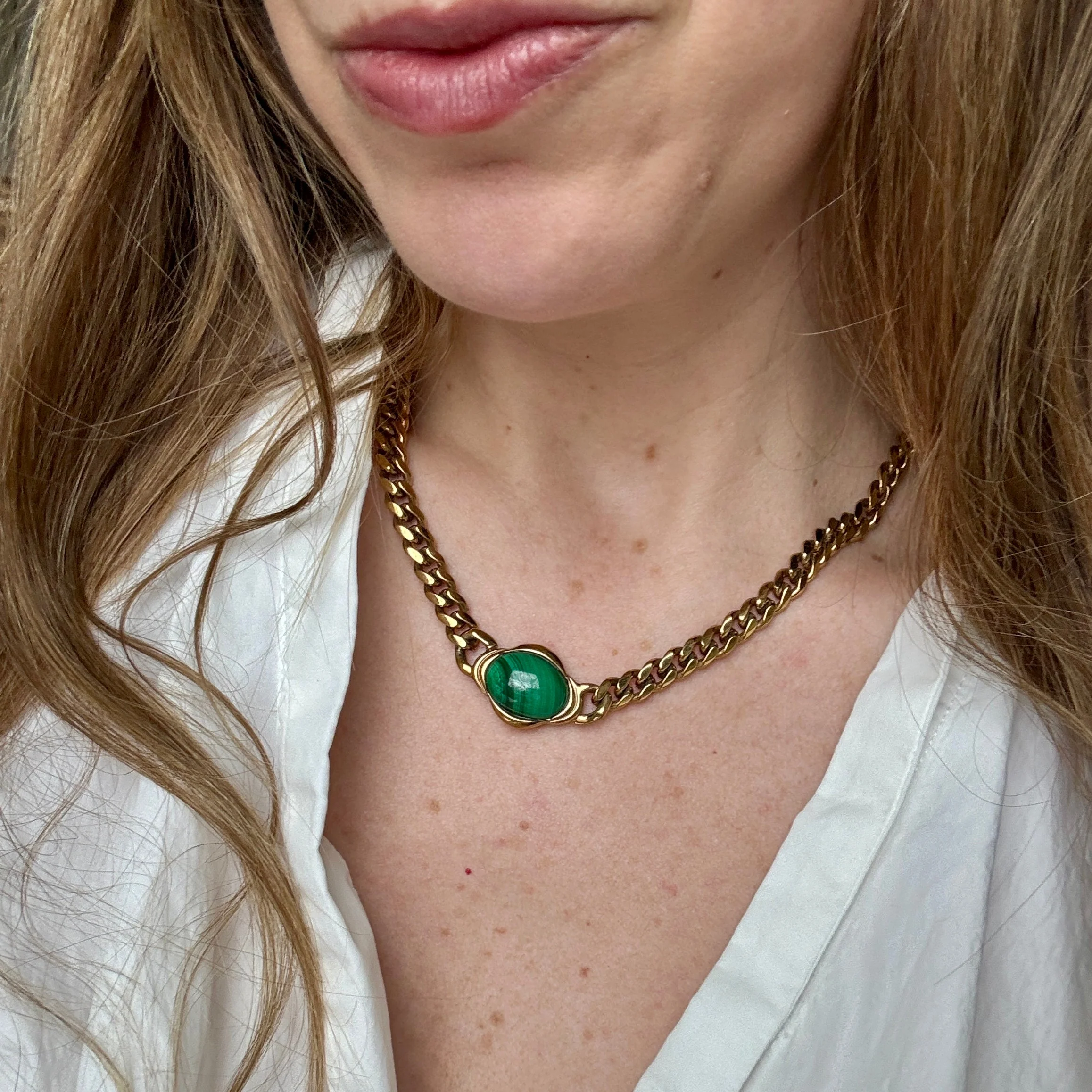 Vintage 70s French Malachite Curb Chain Necklace - Image 2