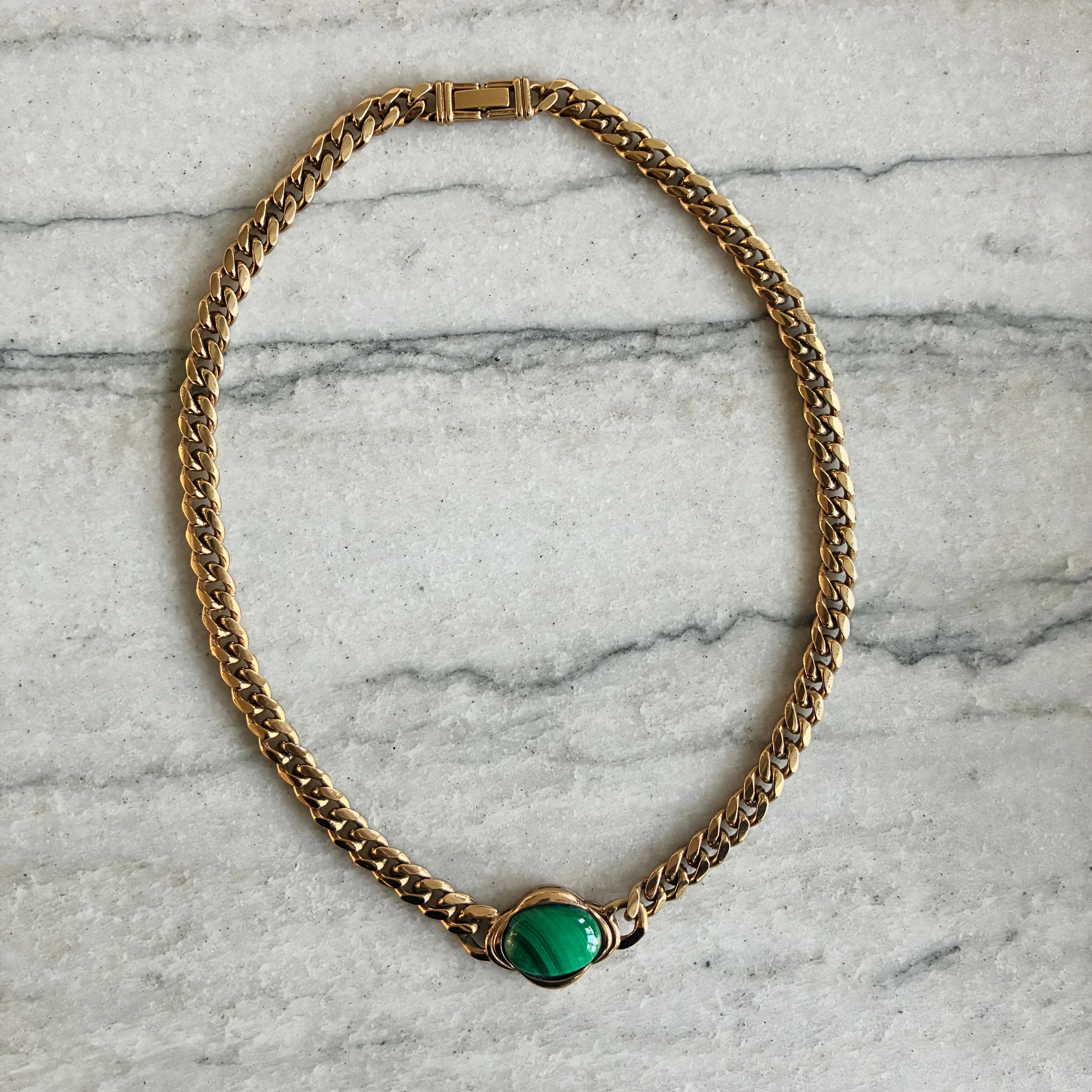 Vintage 70s French Malachite Curb Chain Necklace - Image 3