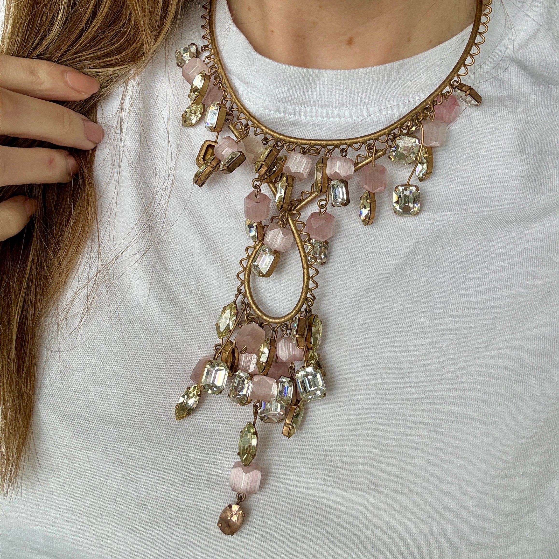 Vintage 40s Pink Glass and Crystal Statement Necklace - Image 2