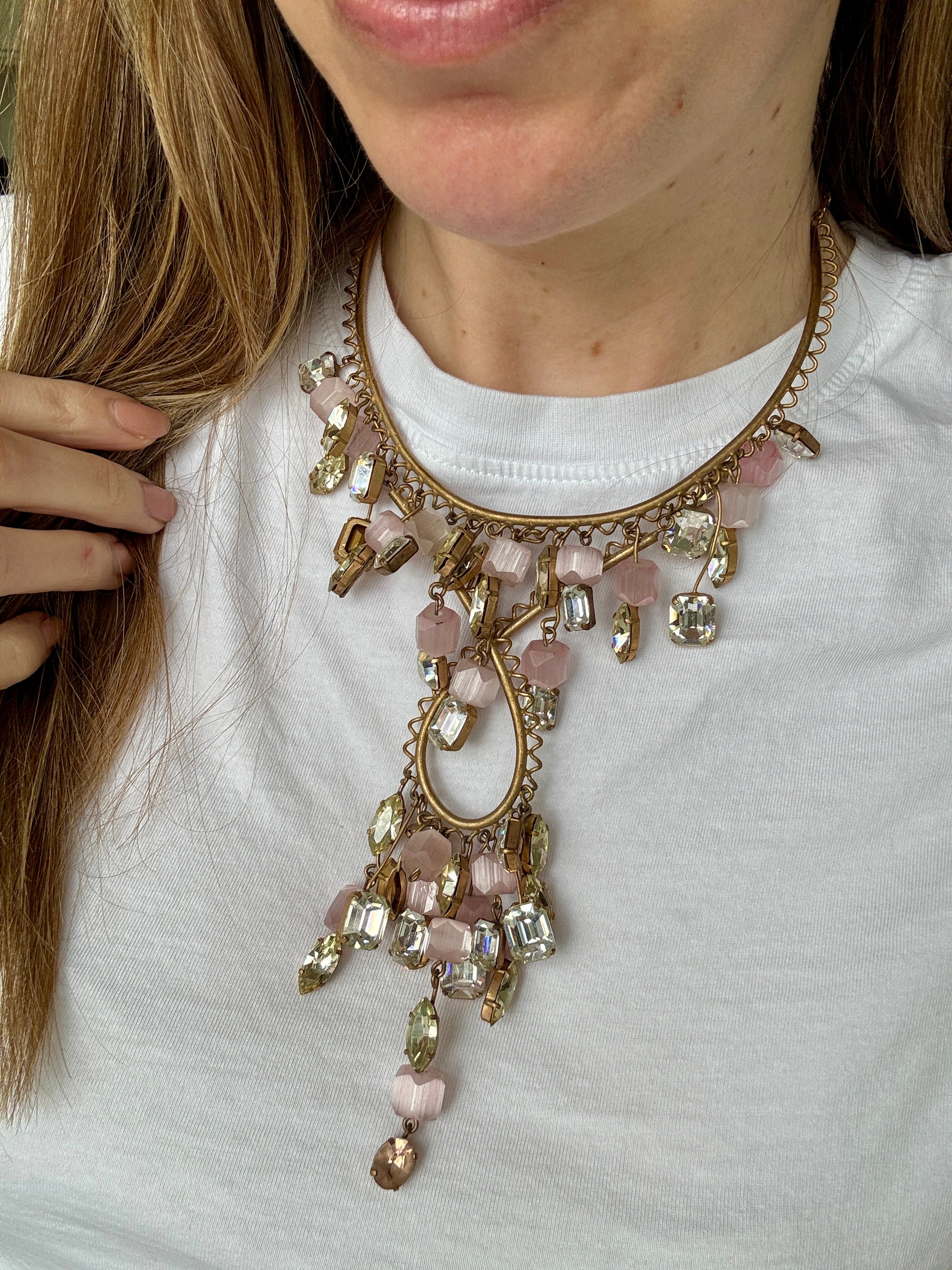 Vintage 40s Pink Glass and Crystal Statement Necklace - Image 3