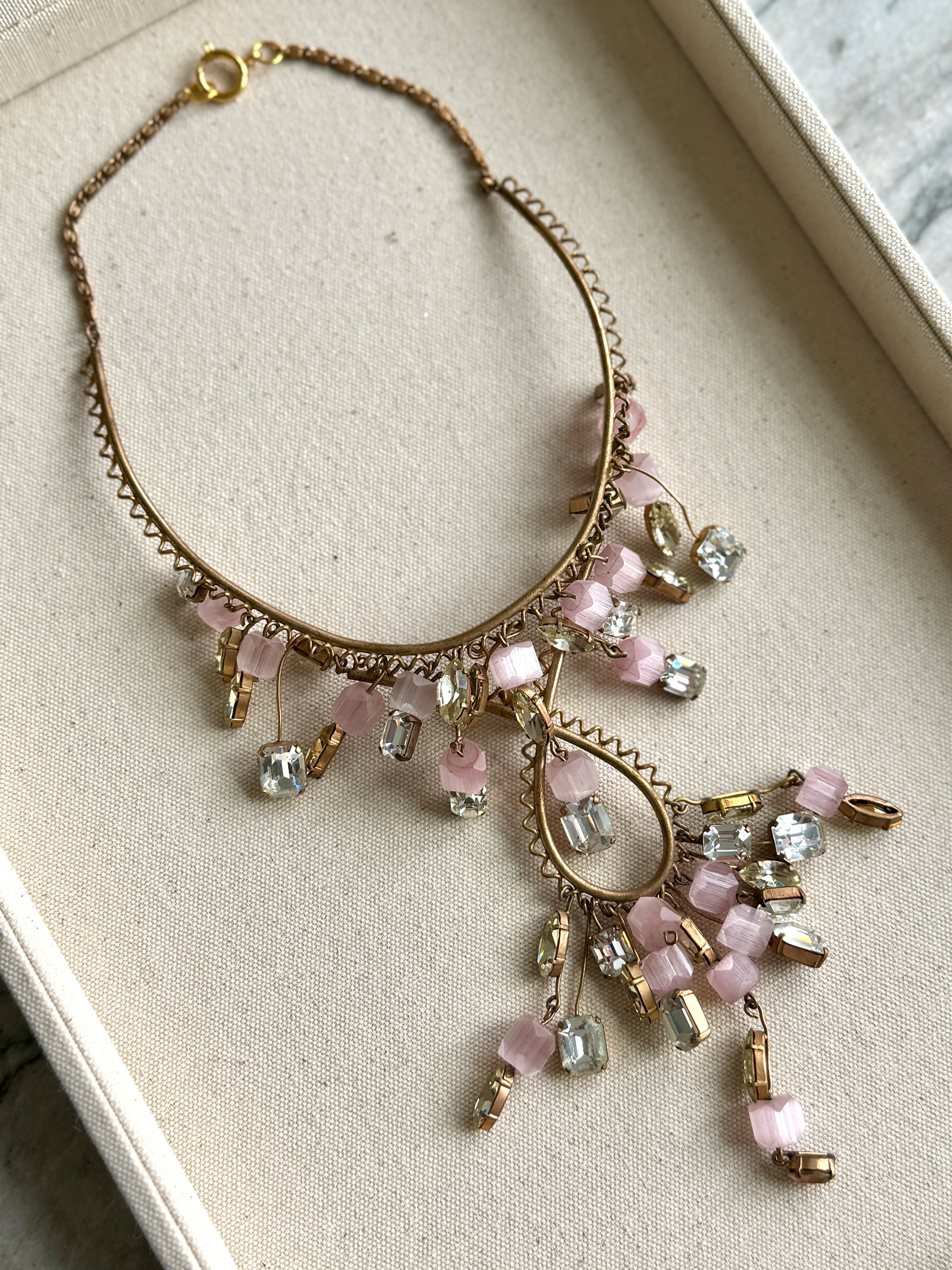 Vintage 40s Pink Glass and Crystal Statement Necklace - Image 4