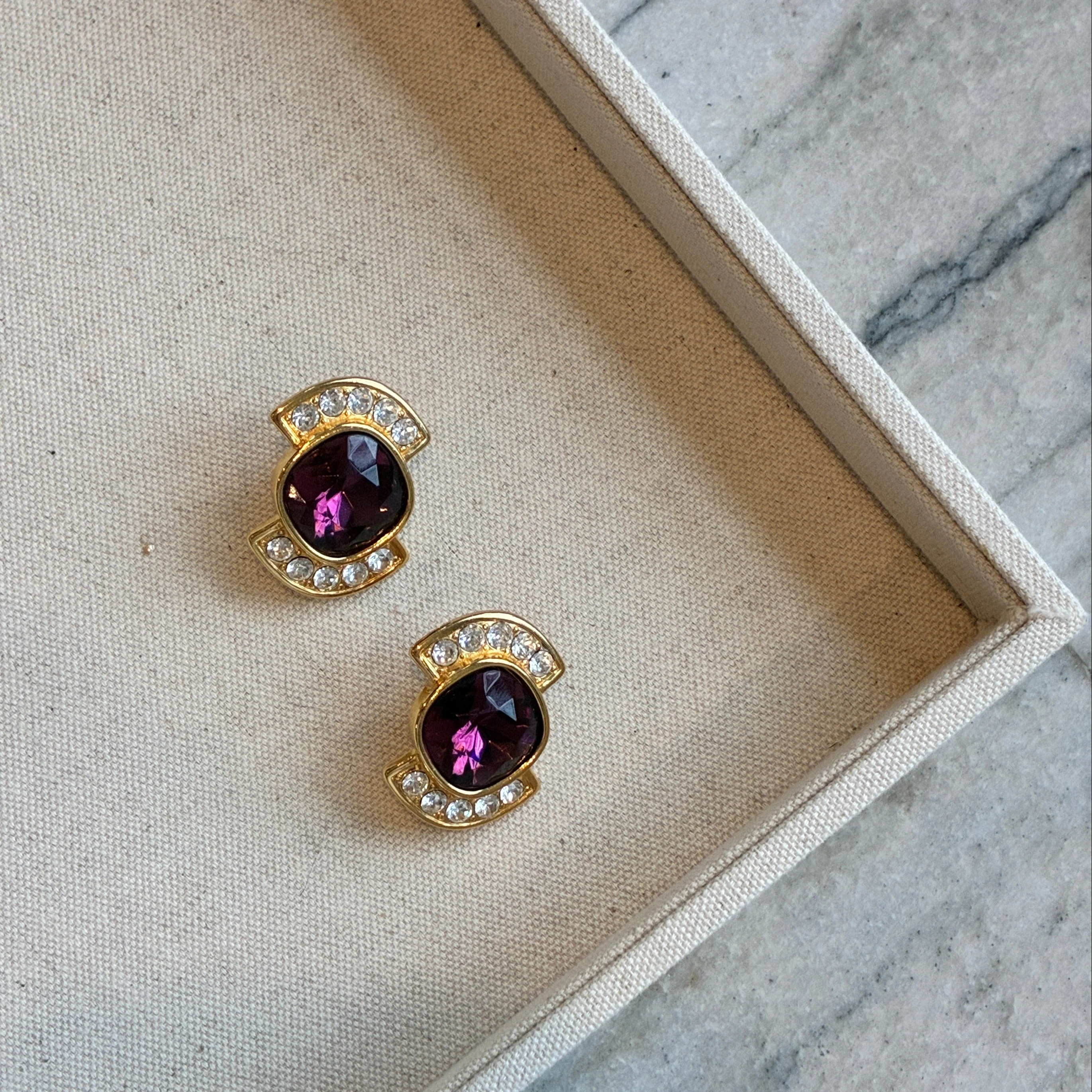 Vintage Signed Designer YSL Purple Crystal Earrings - Image 3