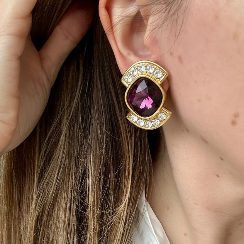 Vintage Signed Designer YSL Purple Crystal Earrings - Image 4