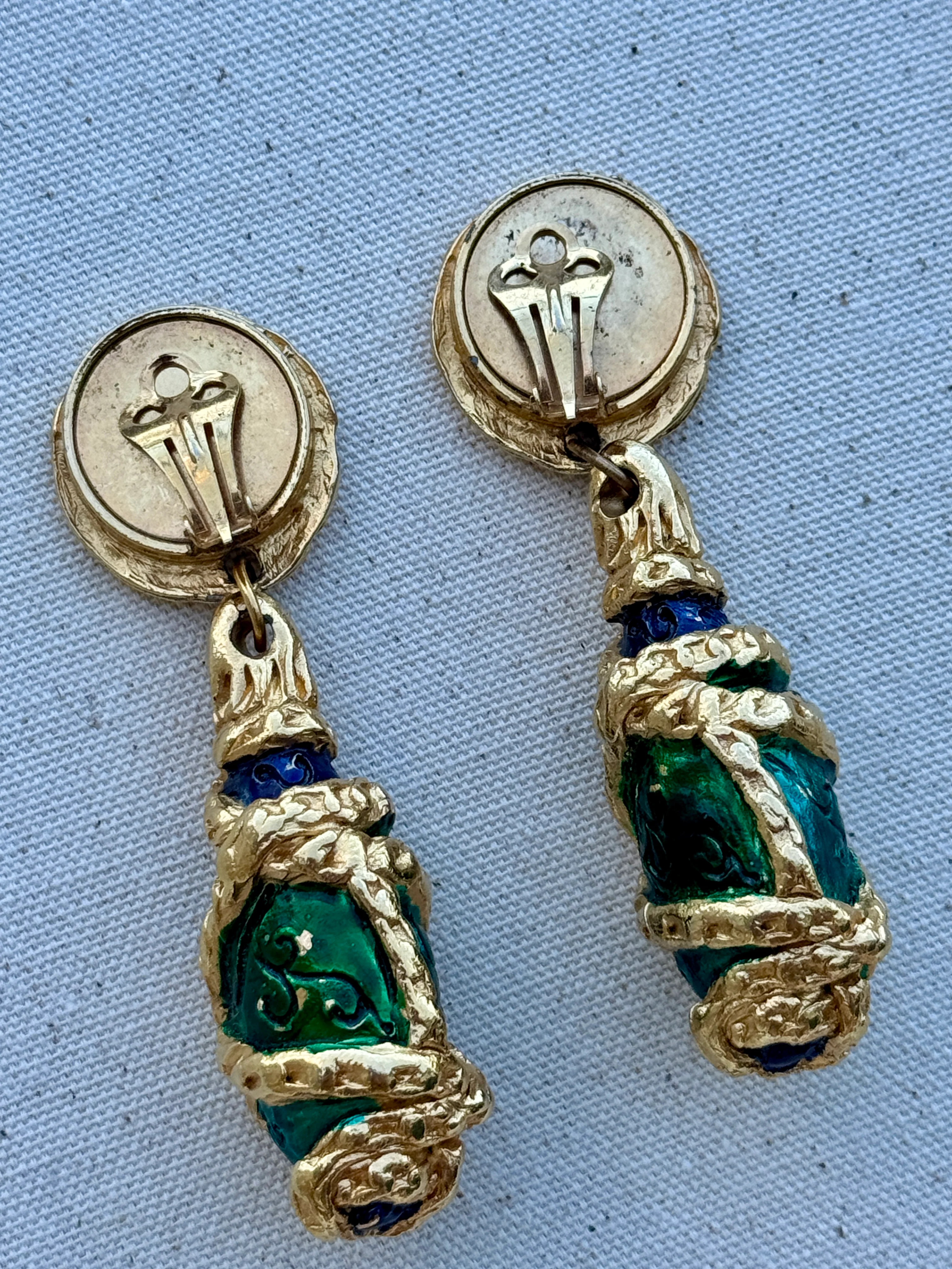 Vintage 80s HUGE French Gilt Blue Painted Resin Earrings - Image 4