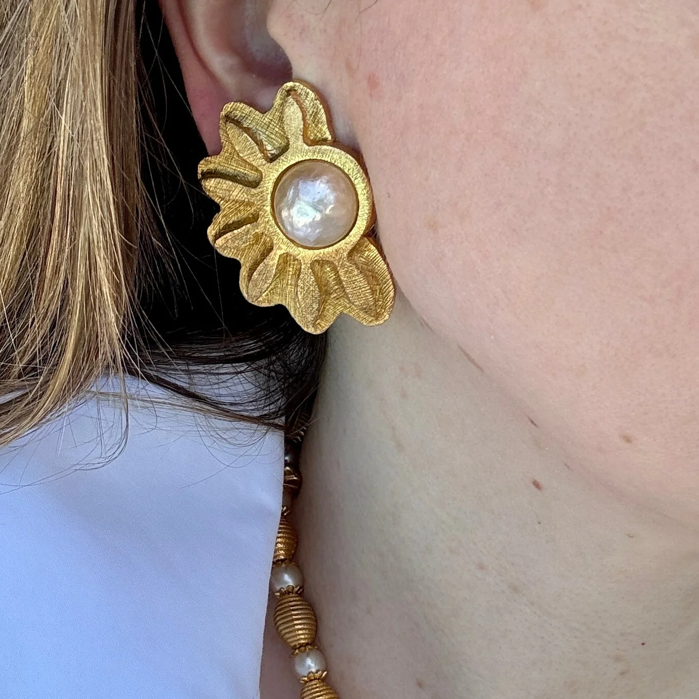 Vintage Sonia Rykiel Gilt Pearl Earrings - Image 2