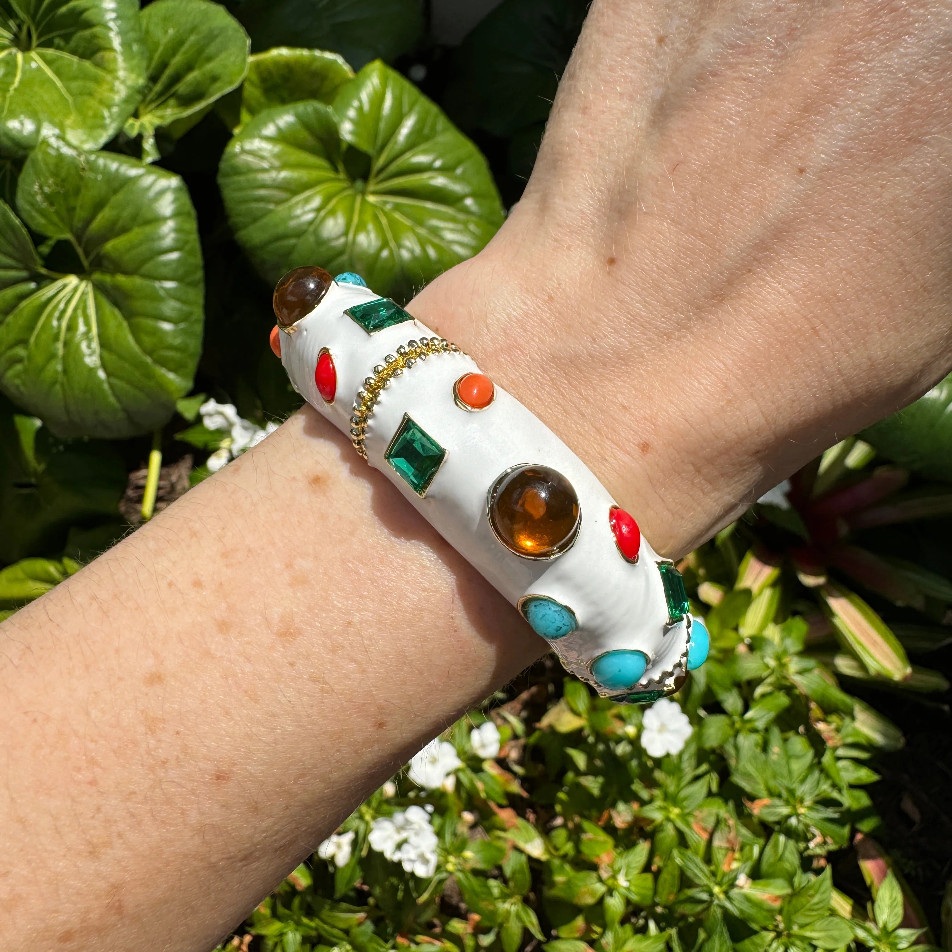 White Enamel Multi-Jeweled Hinged Bracelet - Image 2