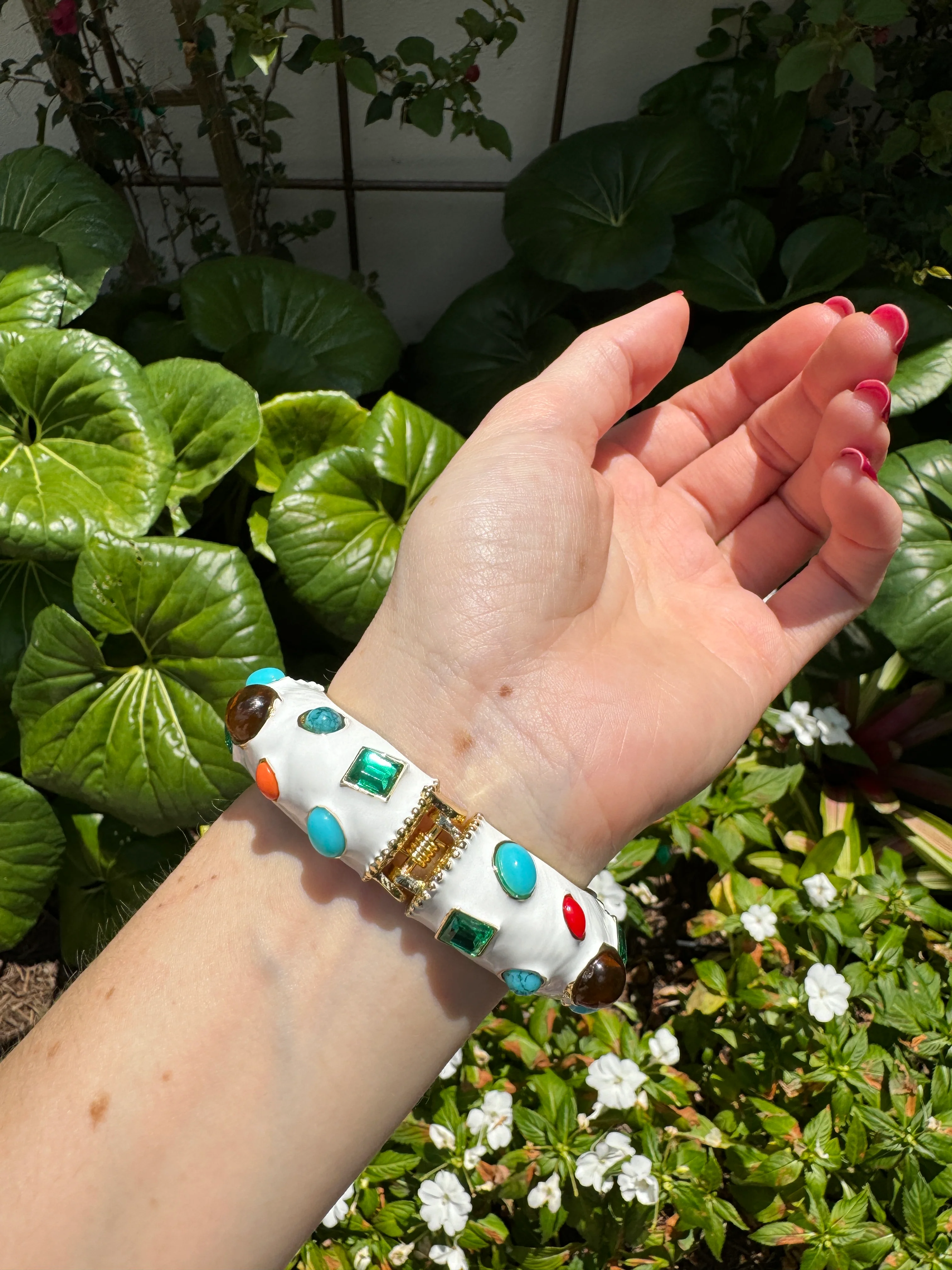 White Enamel Multi-Jeweled Hinged Bracelet - Image 3