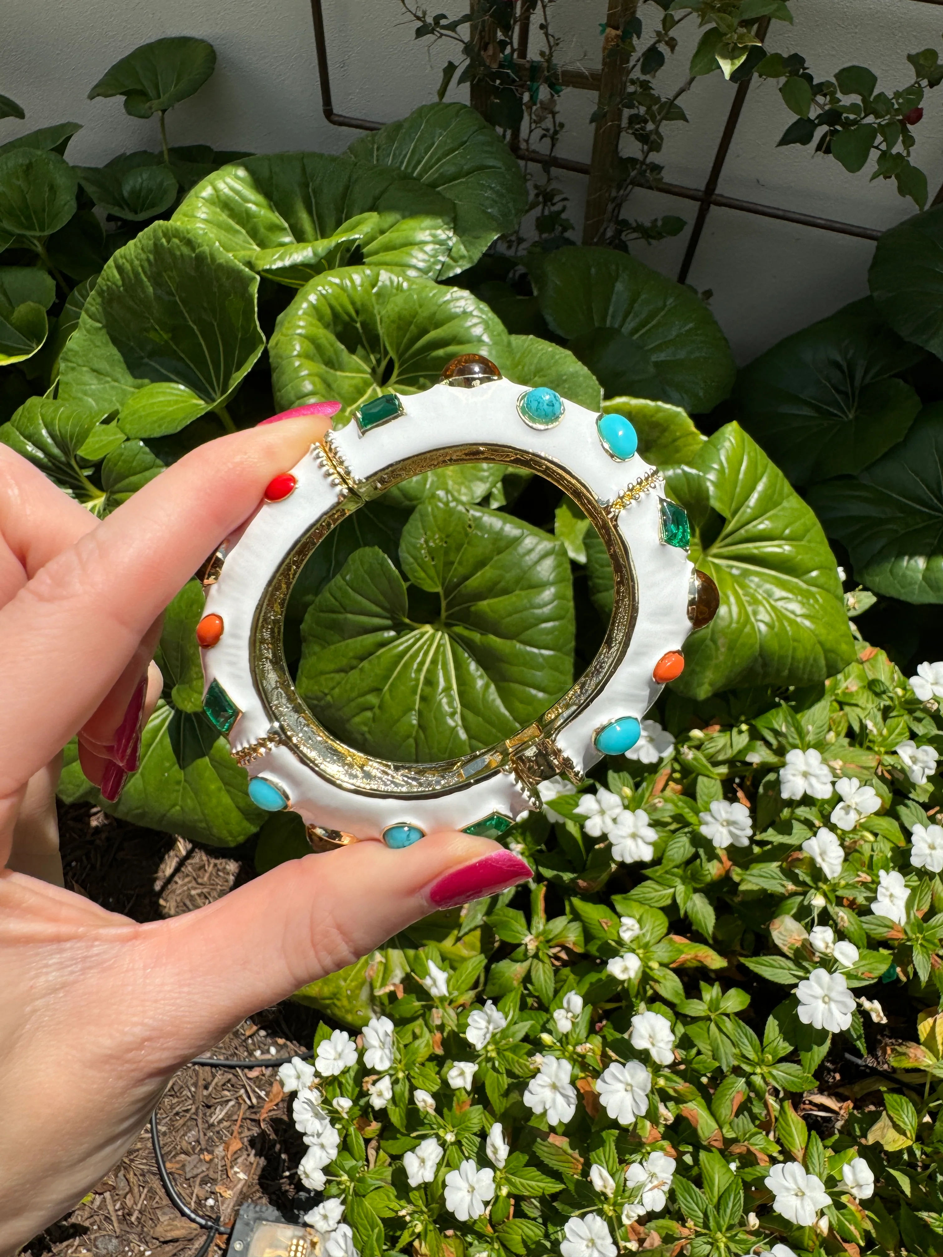 White Enamel Multi-Jeweled Hinged Bracelet - Image 4