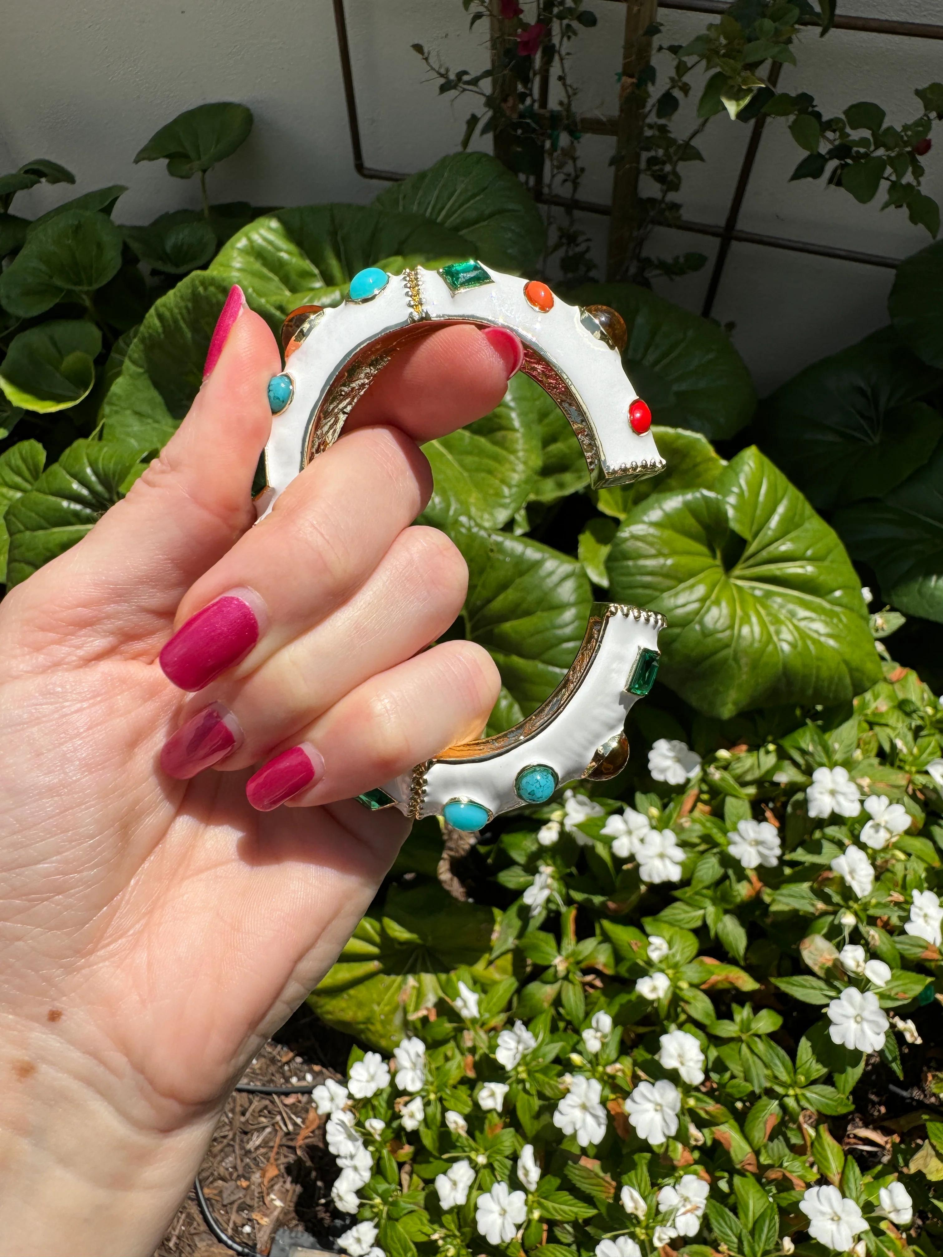 White Enamel Multi-Jeweled Hinged Bracelet - Image 5
